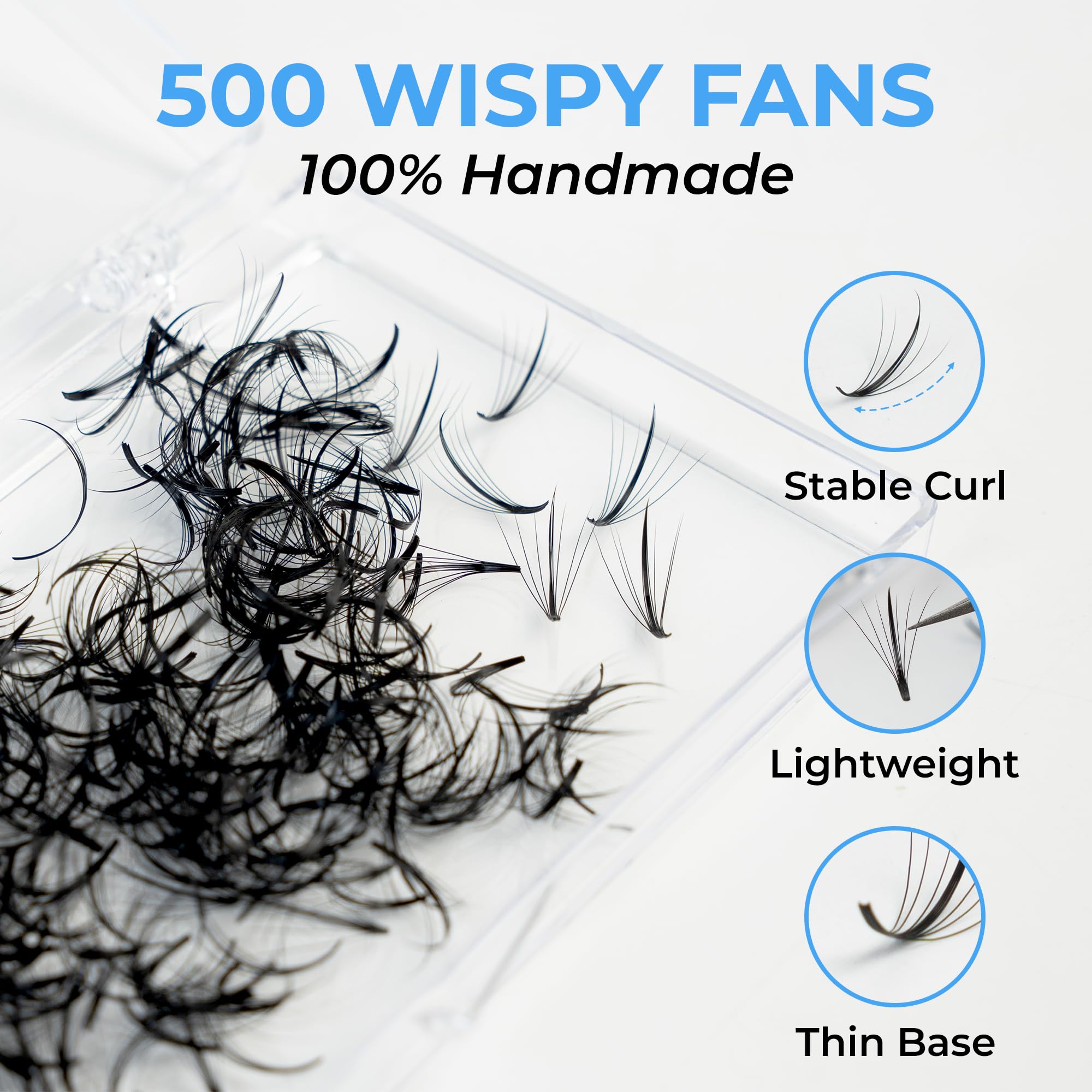 TEGAN LASH 500 Wispy Premade Fans – Handmade Volume Lashes, 5D–9D, 0.05/0.07, C/CC/D Curl, 9–15mm