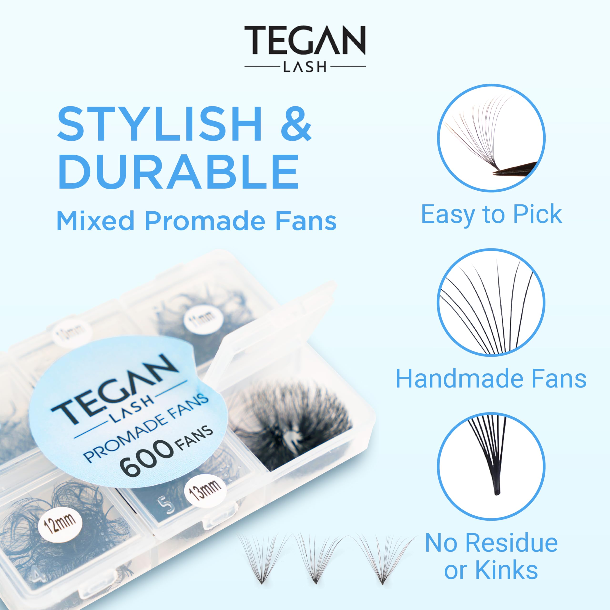 TEGAN LASH Promade Fan Mix Eyelashes — 3D–16D | 9–15mm, 0.03/0.05/0.07, Premade False Eyelashes