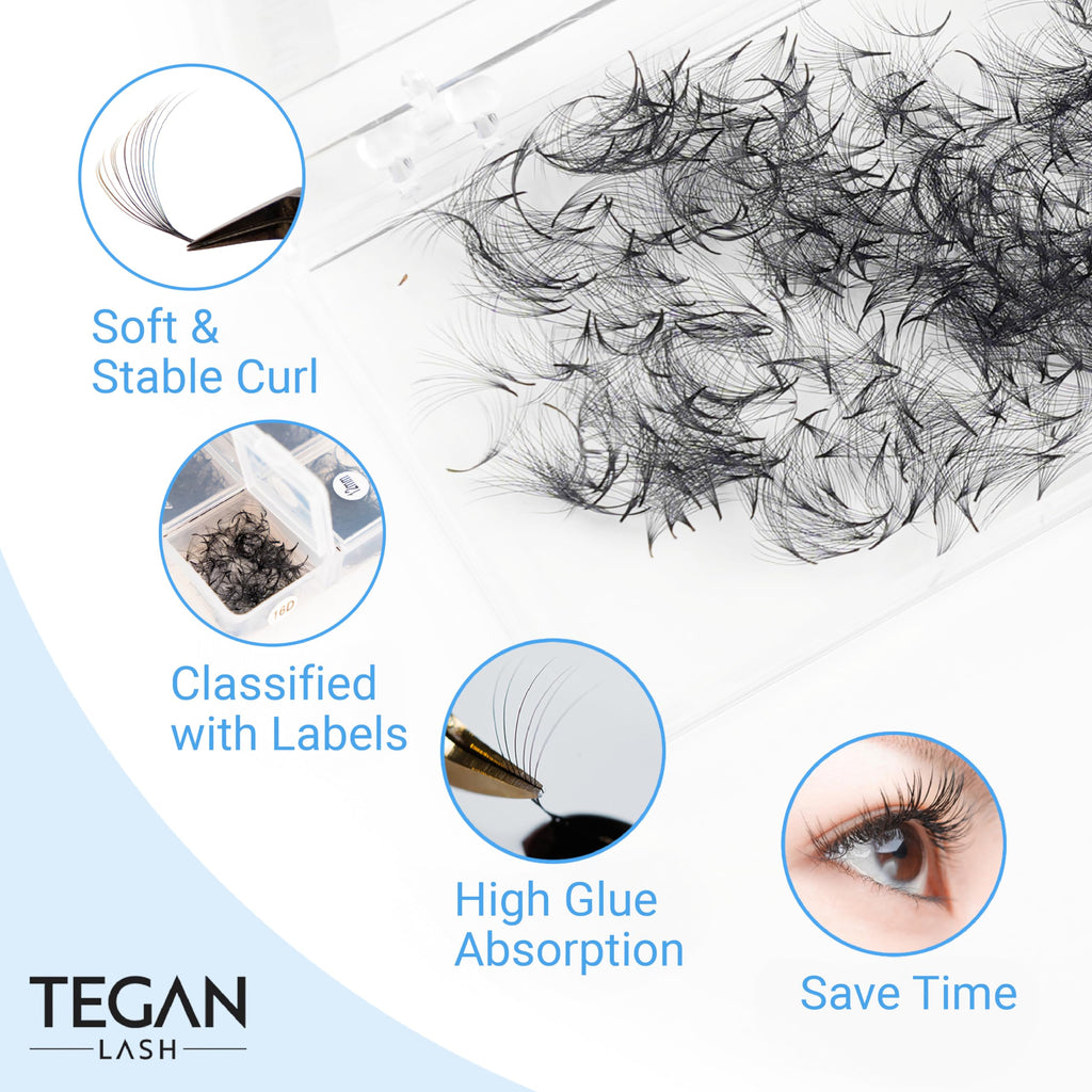 TEGAN LASH Promade Fan Mix Eyelashes — 3D–16D | 9–15mm, 0.03/0.05/0.07, Premade False Eyelashes