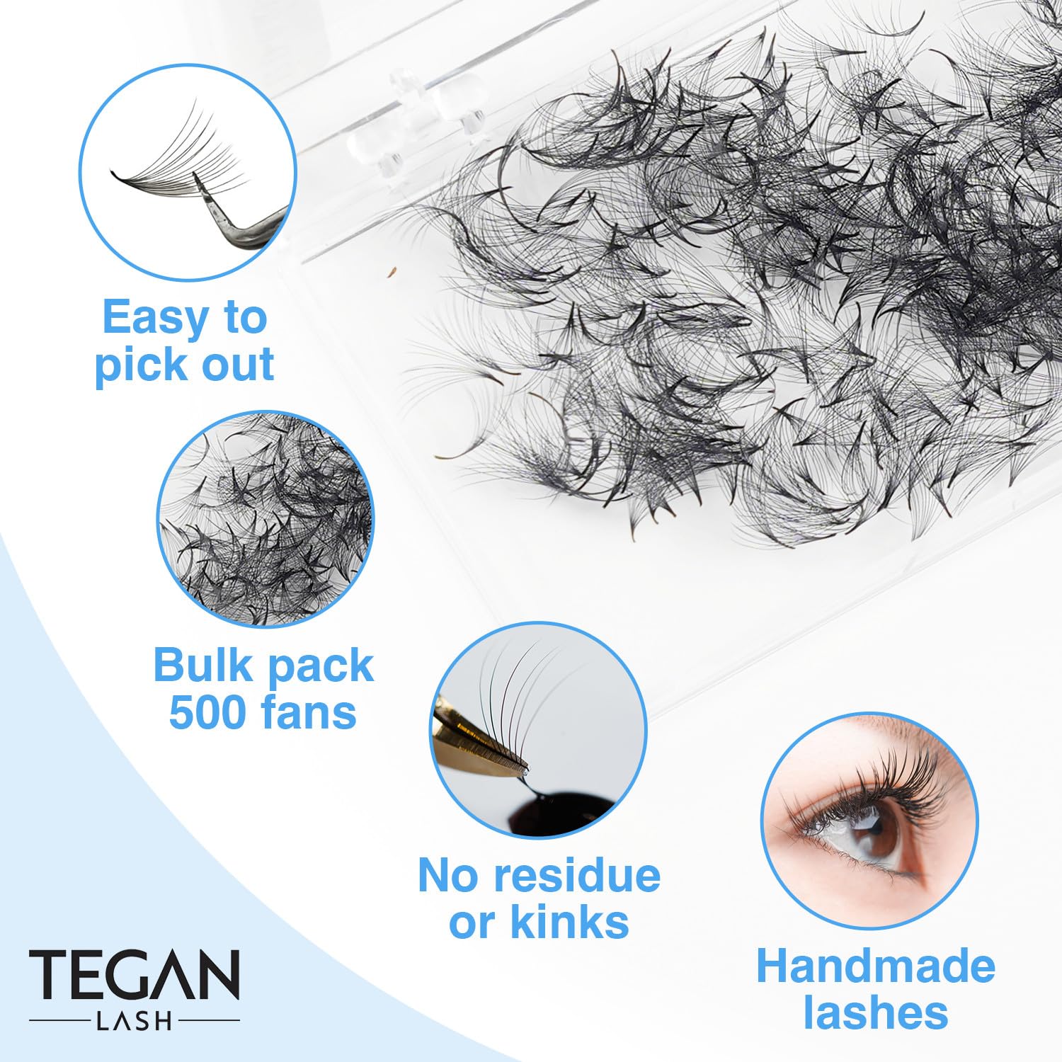 TEGAN LASH 500 Promade Fans Volume Eyelash Extensions – Handmade 3D-16D, 0.03/0.05/0.07, C/CC/D Curl, 9–15mm