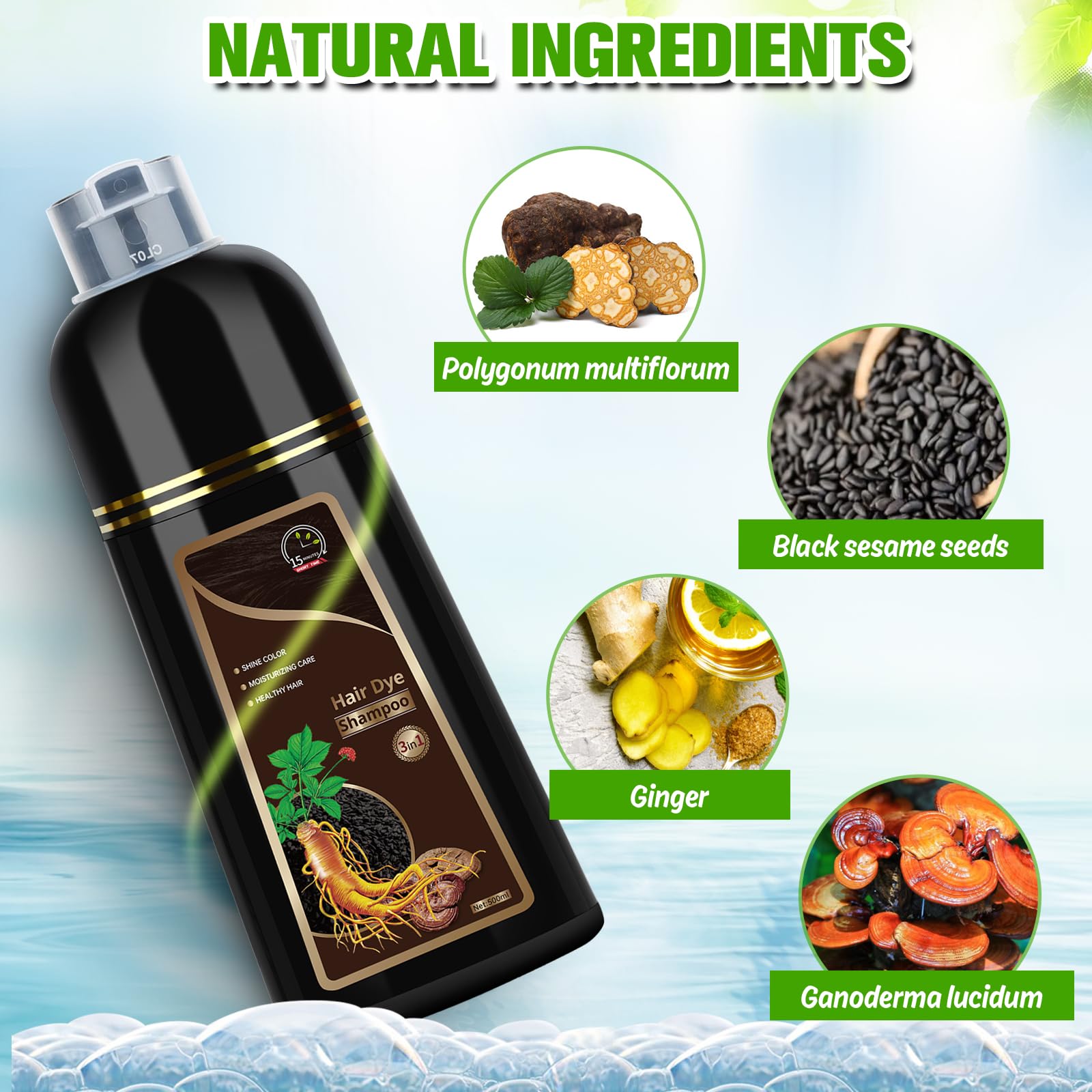 Temgofeau Hair Dye Shampoo for Gray Hair – 3-in-1 Herbal Color, 500ml (Dark Brown)