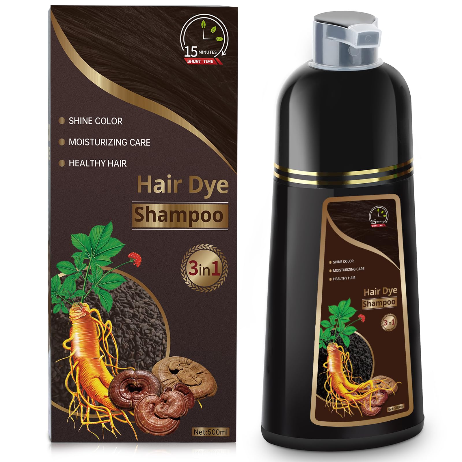Temgofeau Hair Dye Shampoo for Gray Hair – 3-in-1 Herbal Color, 500ml (Dark Brown)