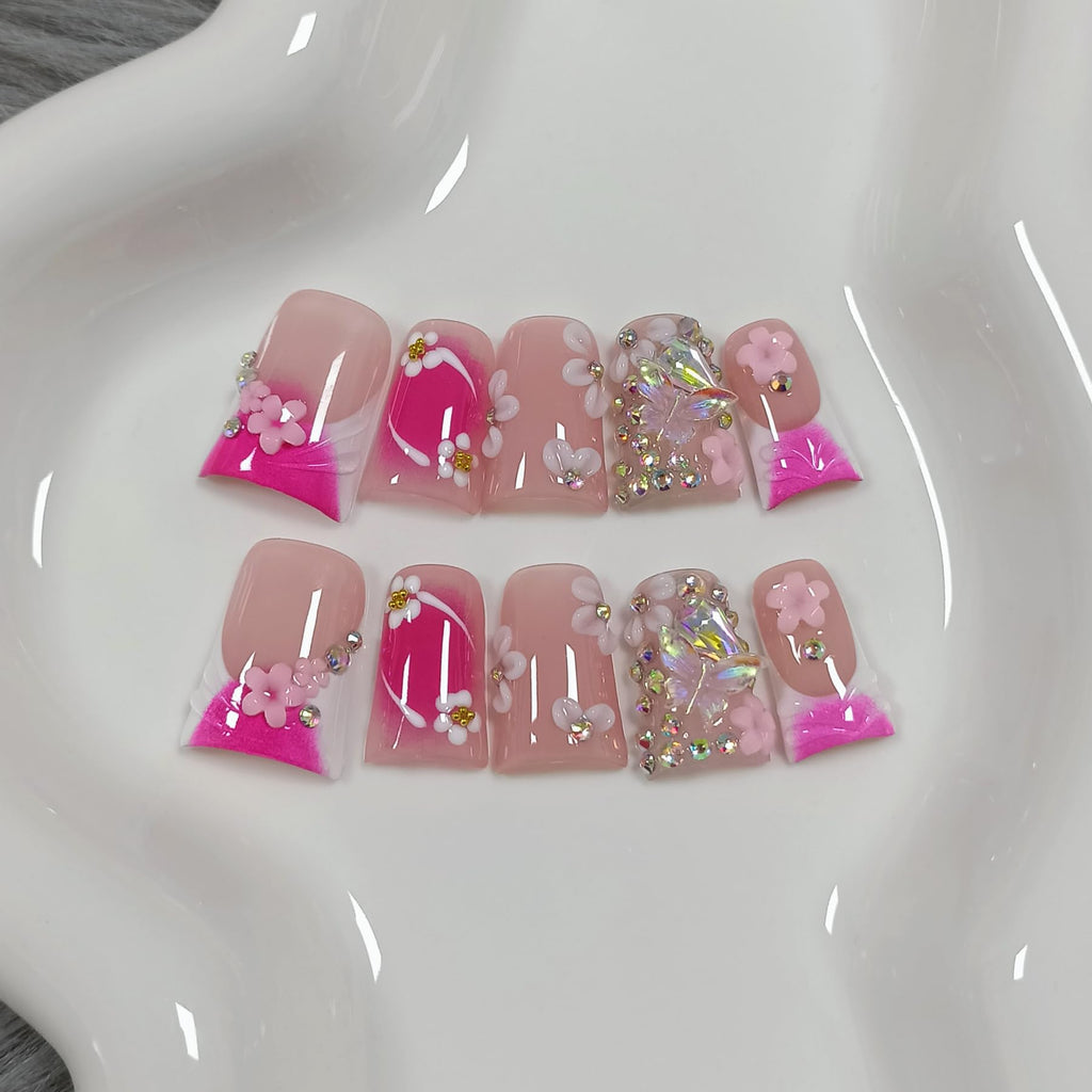 TENPAL 10Pcs Handmade Press-On Duck Nails with Charms – Glossy Pink French Tips