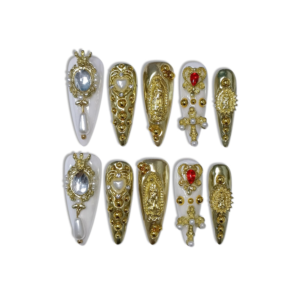TENPAL 10Pcs Handmade Royal Press On Nails – Gold Stiletto with Pearl & Celestial Charms + Tools
