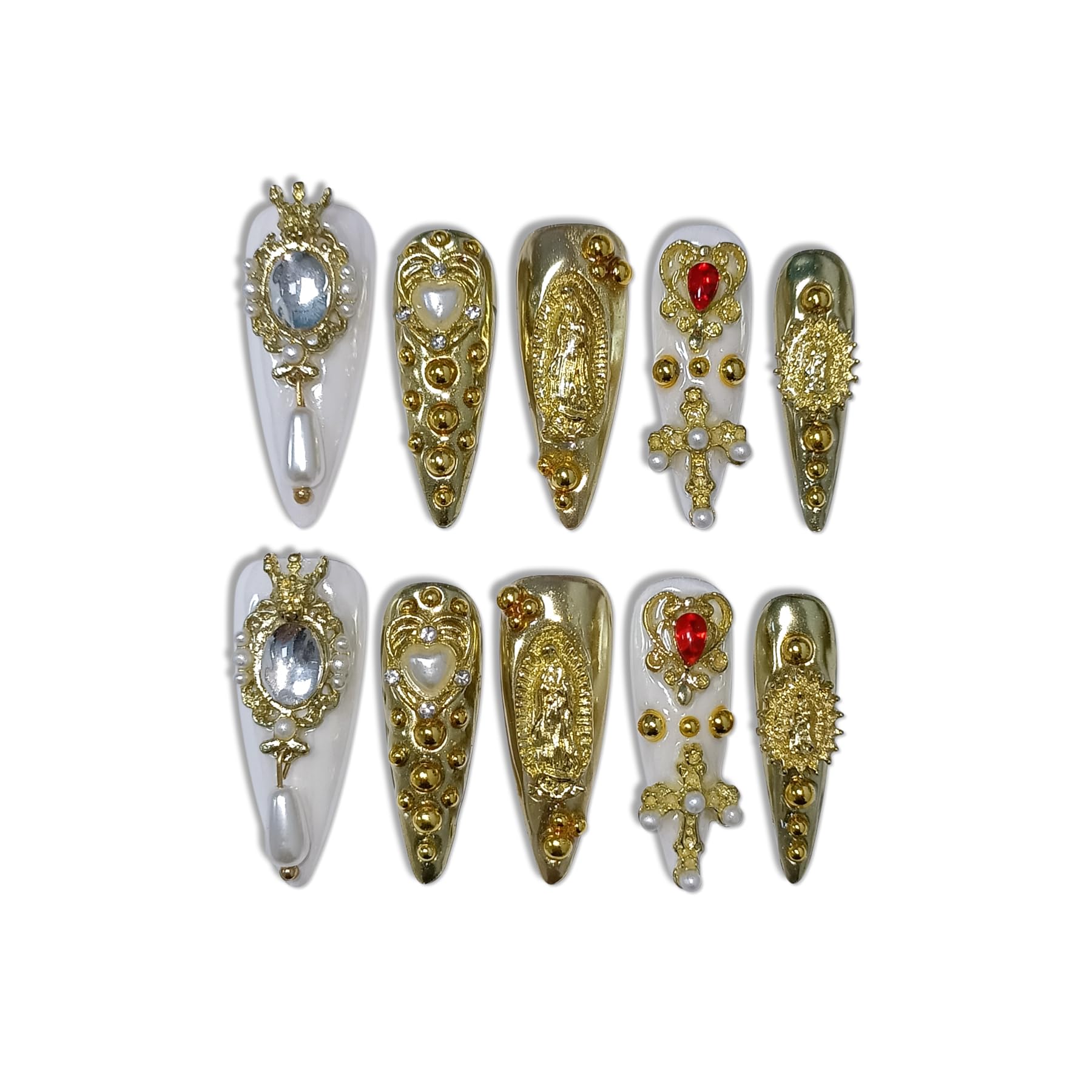 TENPAL 10Pcs Handmade Royal Press On Nails – Gold Stiletto with Pearl & Celestial Charms + Tools
