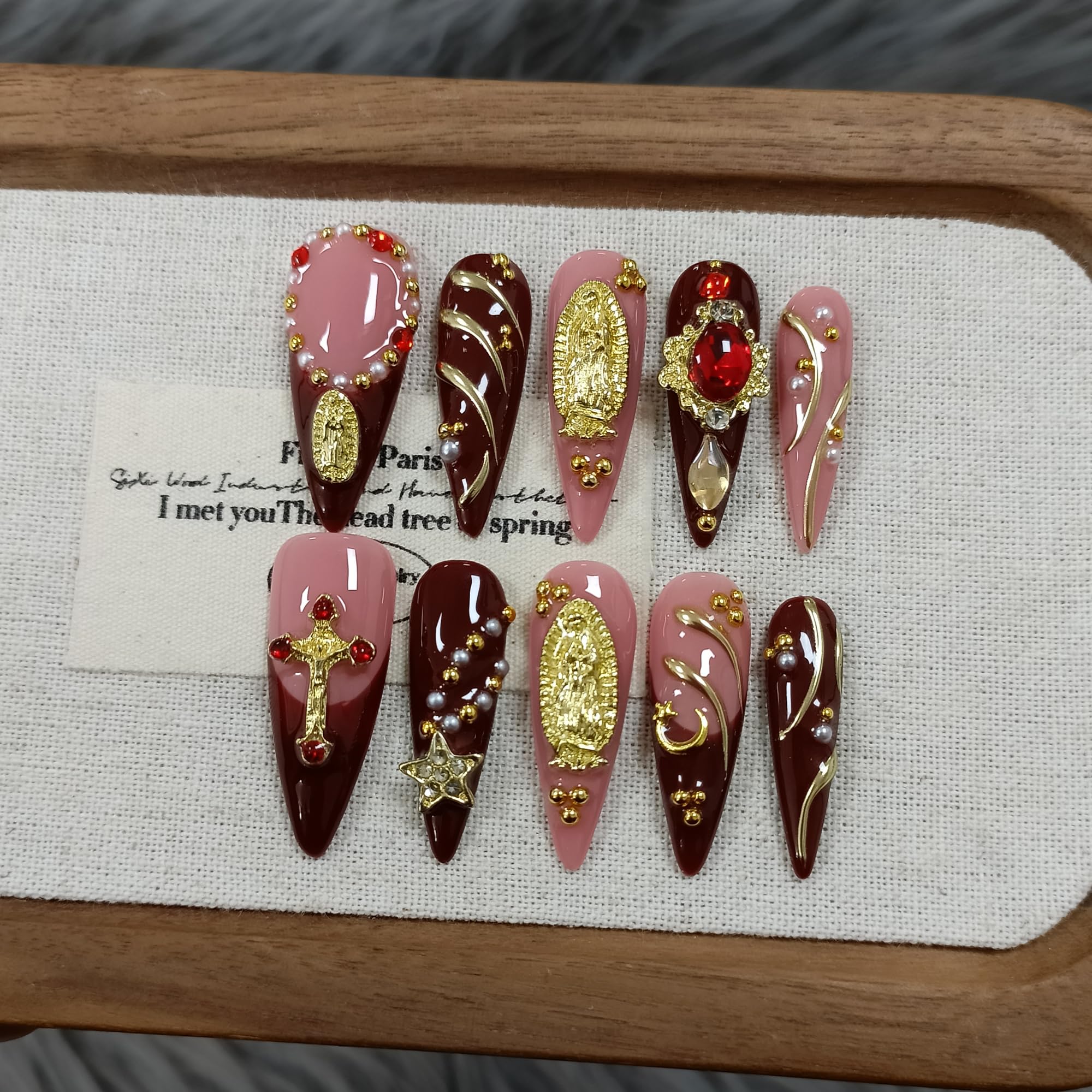 TENPAL Handmade Press On Nails – Long Stiletto Nude Pink Wine with 3D Cross Charm