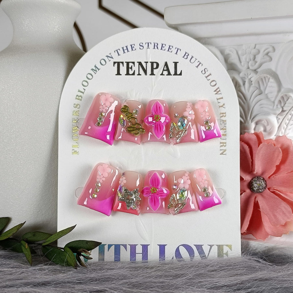 TENPAL Short Duckbill Press-On Nails – Pink Blushing French Tip with 3D Flower Bow (10pcs)