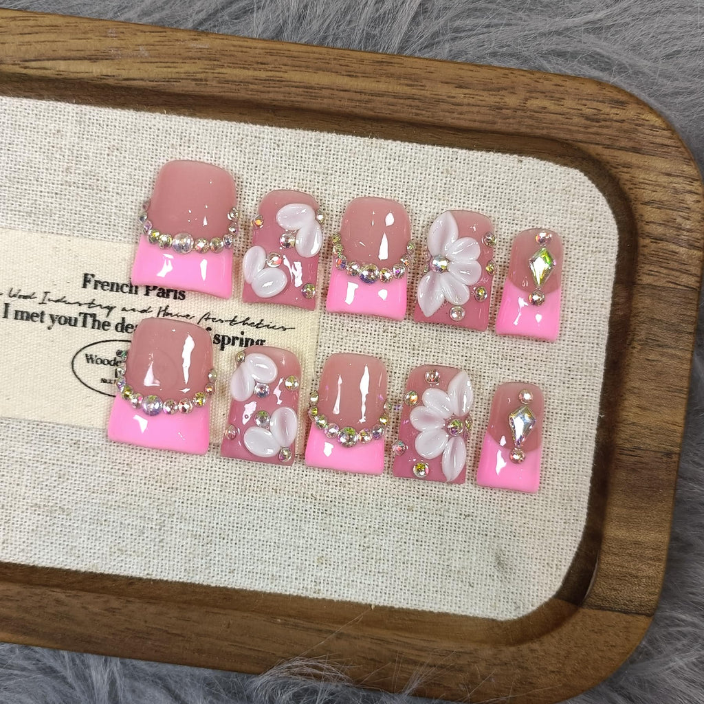TENPAL Duckbill Shape Handmade Press On Nails Kit | Pink French Floral with 3D Flowers