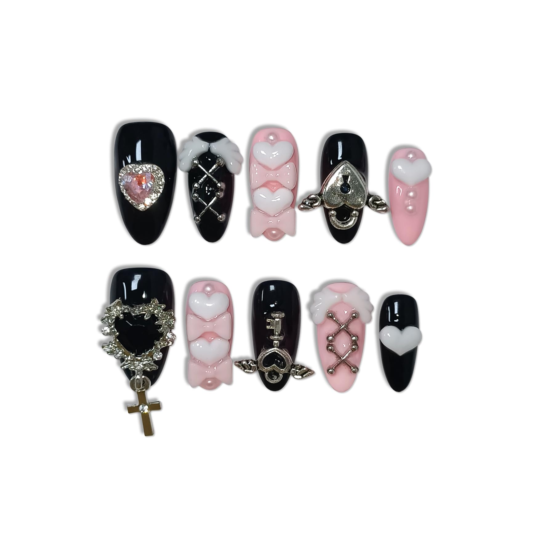 TENPAL 10Pcs Y2K Press On Nails with Tools – Ebony & Pink Almond, 3D Heart Bow & Cross Charms