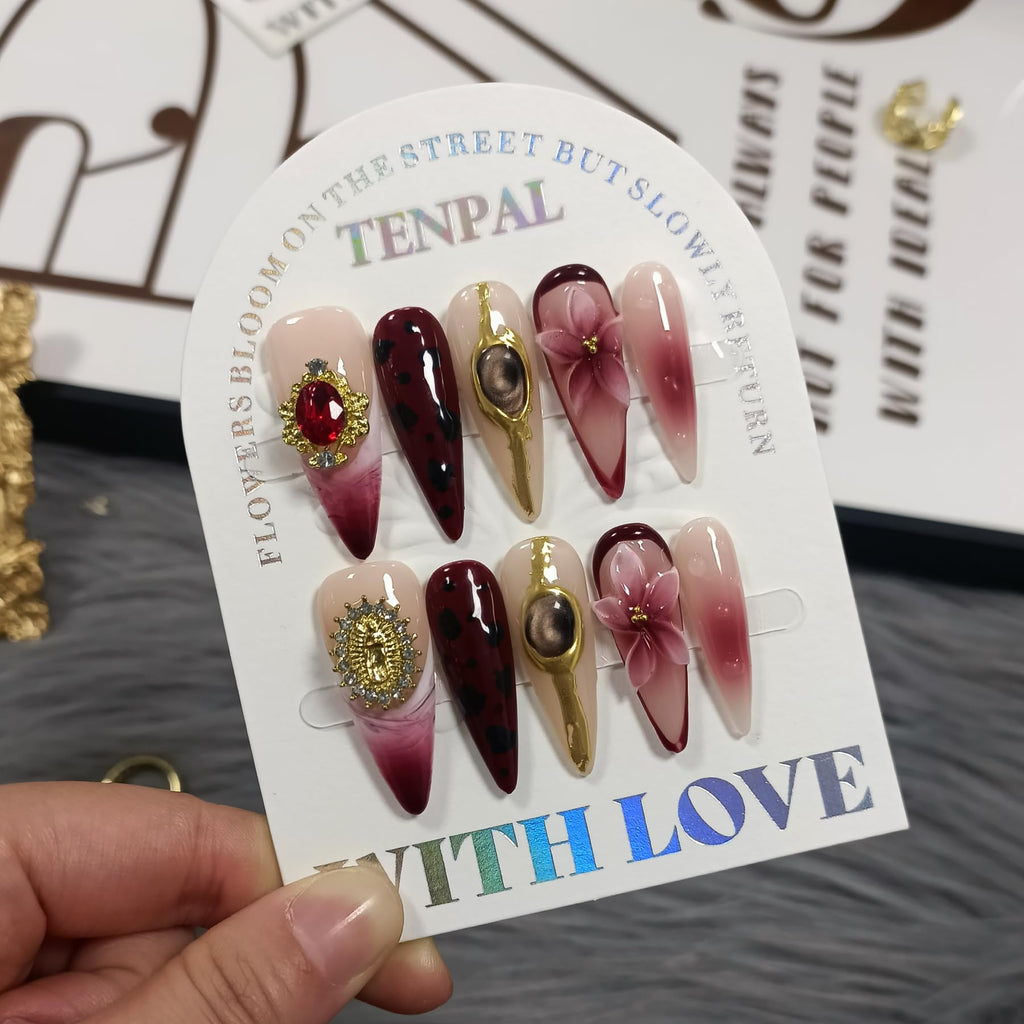 TENPAL Handmade Press-On Nails – Long Stiletto Burgundy Cat Eye 3D Leopard