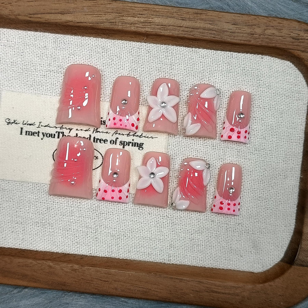 TENPAL 10Pcs Handmade Duck Nails Press On – Dopamine Coral & Blush French Tips, 3D Florals, Reusable Medium Length