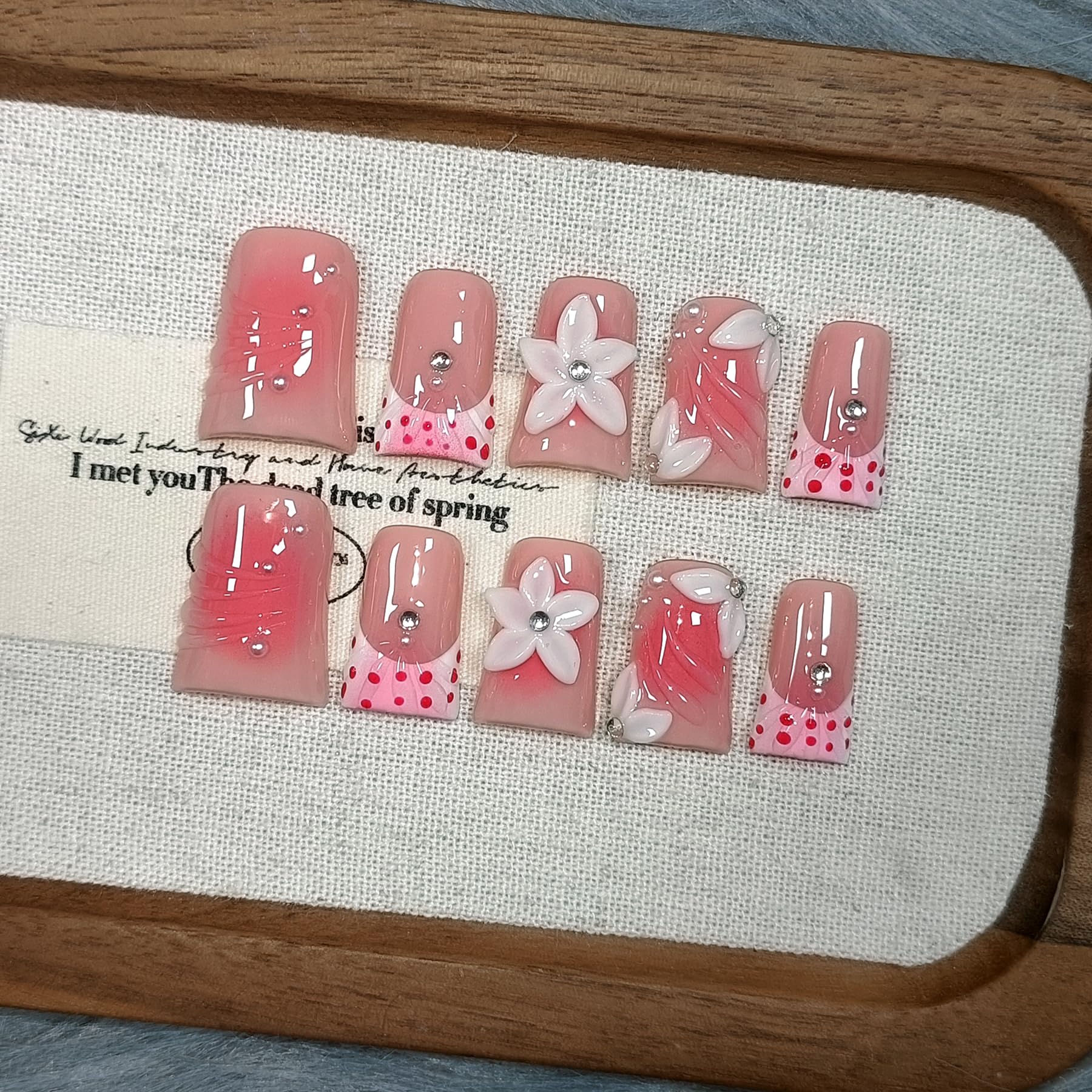 TENPAL 10Pcs Handmade Duck Nails Press On – Dopamine Coral & Blush French Tips, 3D Florals, Reusable Medium Length