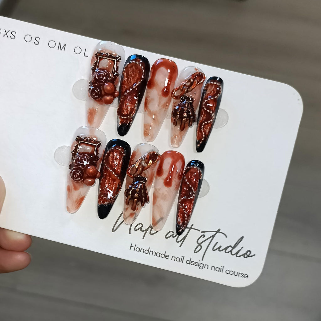 TENPAL 10Pcs Gothic Press On Nails with Tools – Blood Stain Black Red Long Stiletto & 3D Roses Skull Art