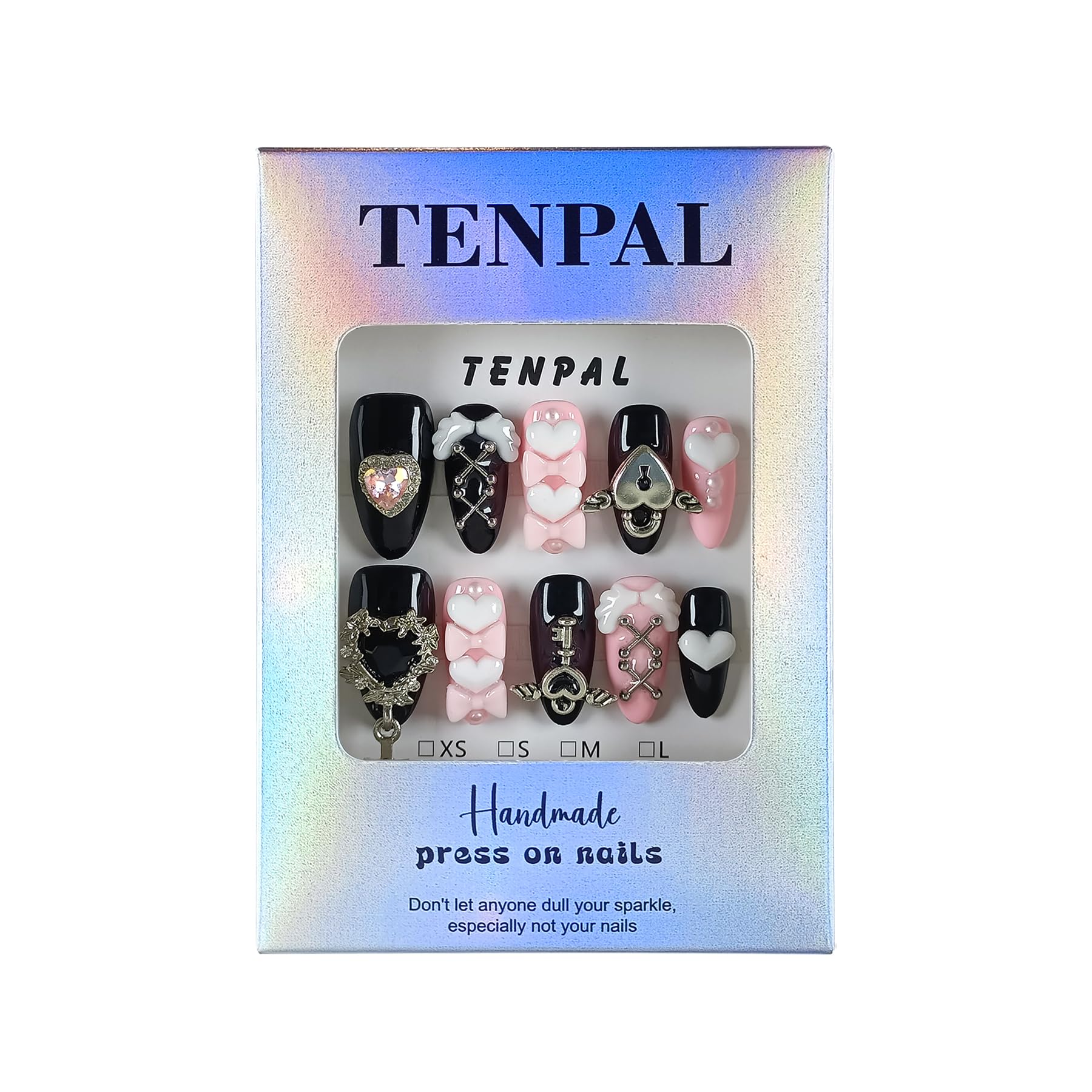 TENPAL 10Pcs Y2K Press On Nails with Tools – Ebony & Pink Almond, 3D Heart Bow & Cross Charms