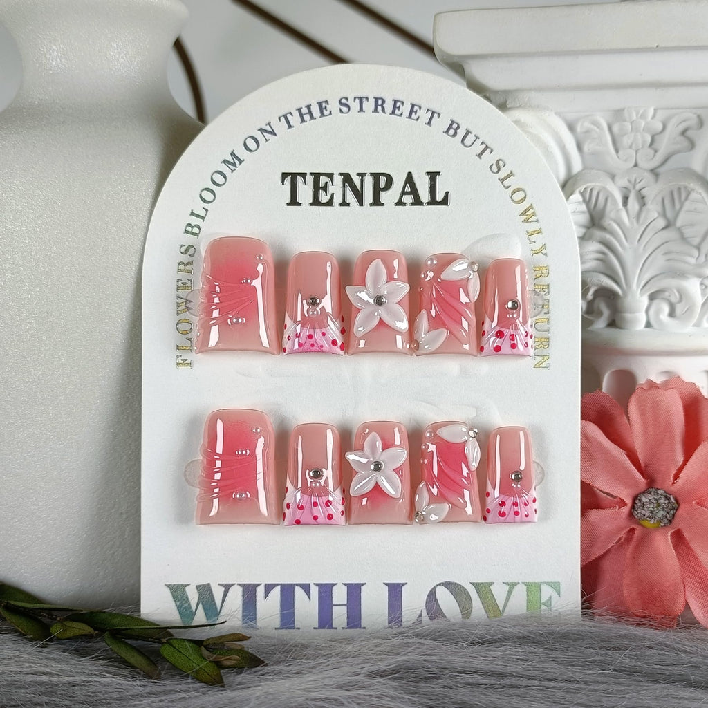 TENPAL 10Pcs Handmade Duck Nails Press On – Dopamine Coral & Blush French Tips, 3D Florals, Reusable Medium Length