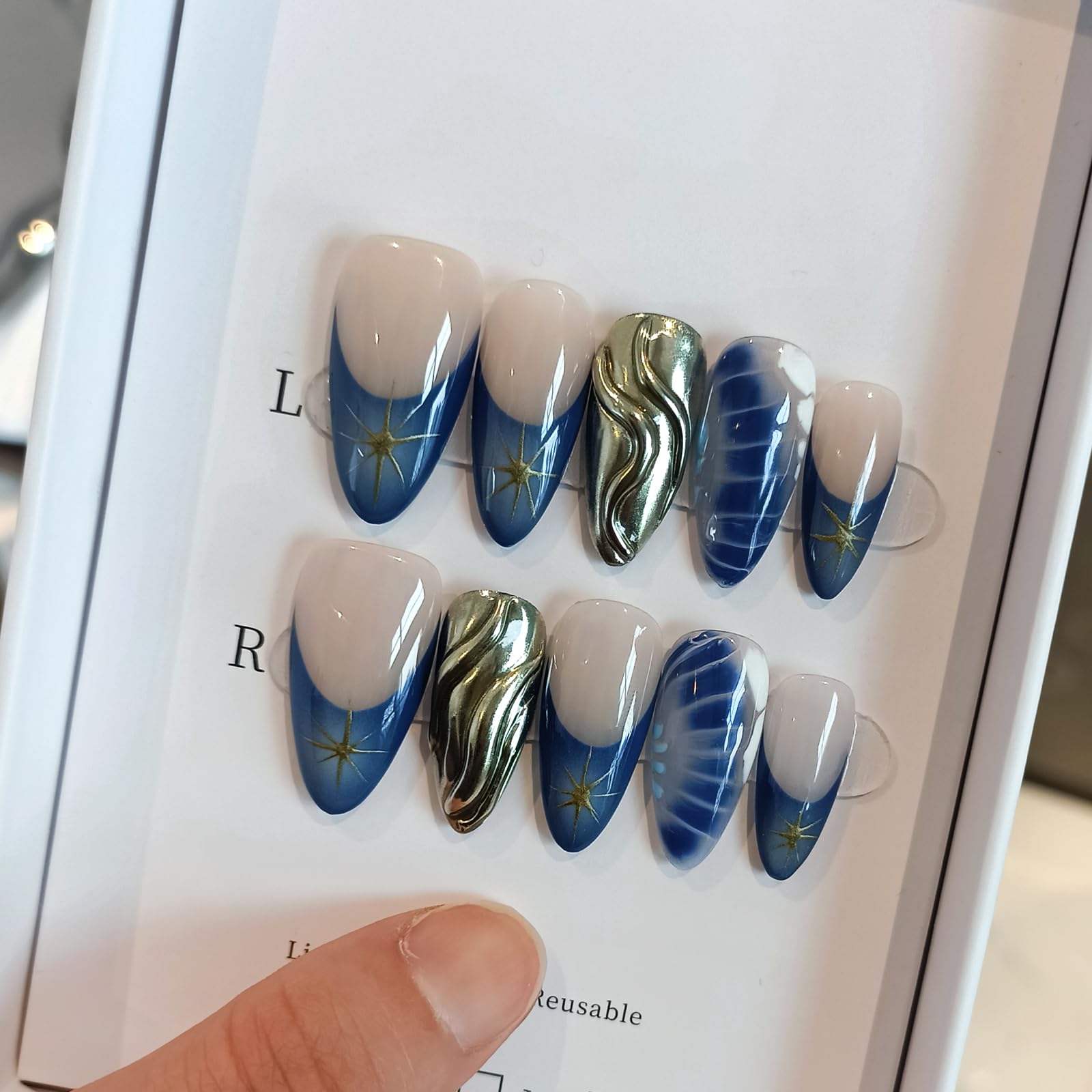 TENPAL Blue French Tip Press-On Nails – Almond (Medium), Size L, Metallic Star 3D Waves & Crocodile Pattern (10pcs)
