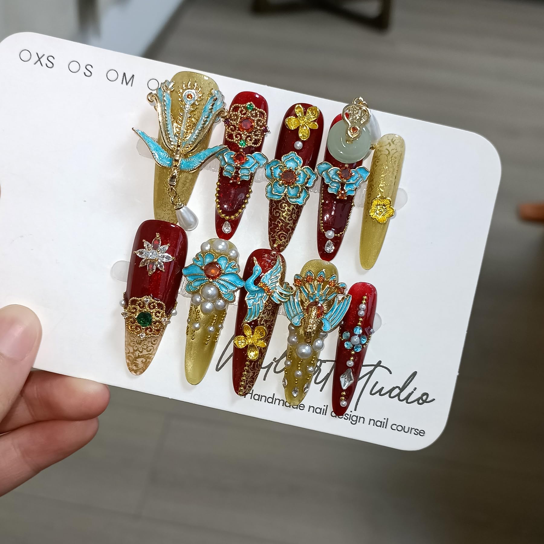 TENPAL 10Pcs Heirloom Bridal Press-On Nails – Red Gold Phoenix Dragon Designs, Long Stiletto