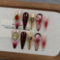 TENPAL Handmade Press-On Nails – Long Stiletto Burgundy Cat Eye 3D Leopard