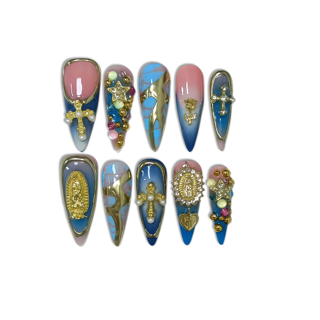 TENPAL 10Pcs Handmade Gothic Press On Nails with Tools – Purple-Blue Snake Ombre Long Stiletto