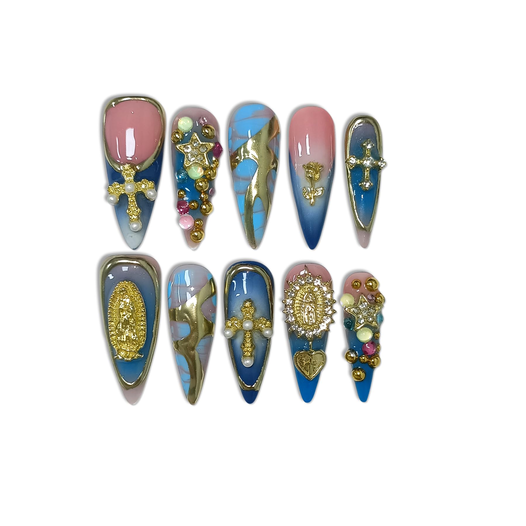 TENPAL 10Pcs Handmade Gothic Press On Nails with Tools – Purple-Blue Snake Ombre Long Stiletto