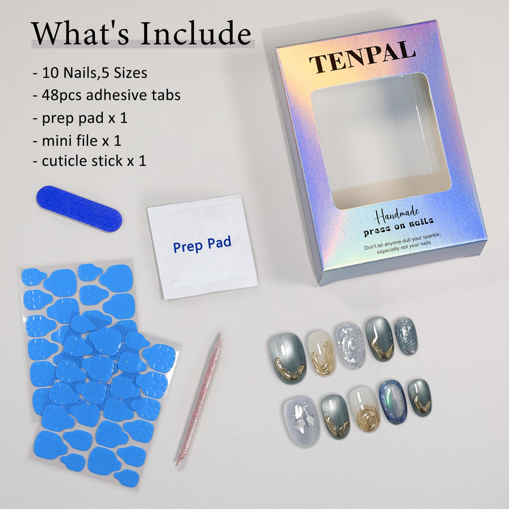 TENPAL Jade Cat Eye Glossy Press-On Nails Kit - Short Oval, Light Green Acrylic with Tools (XS)
