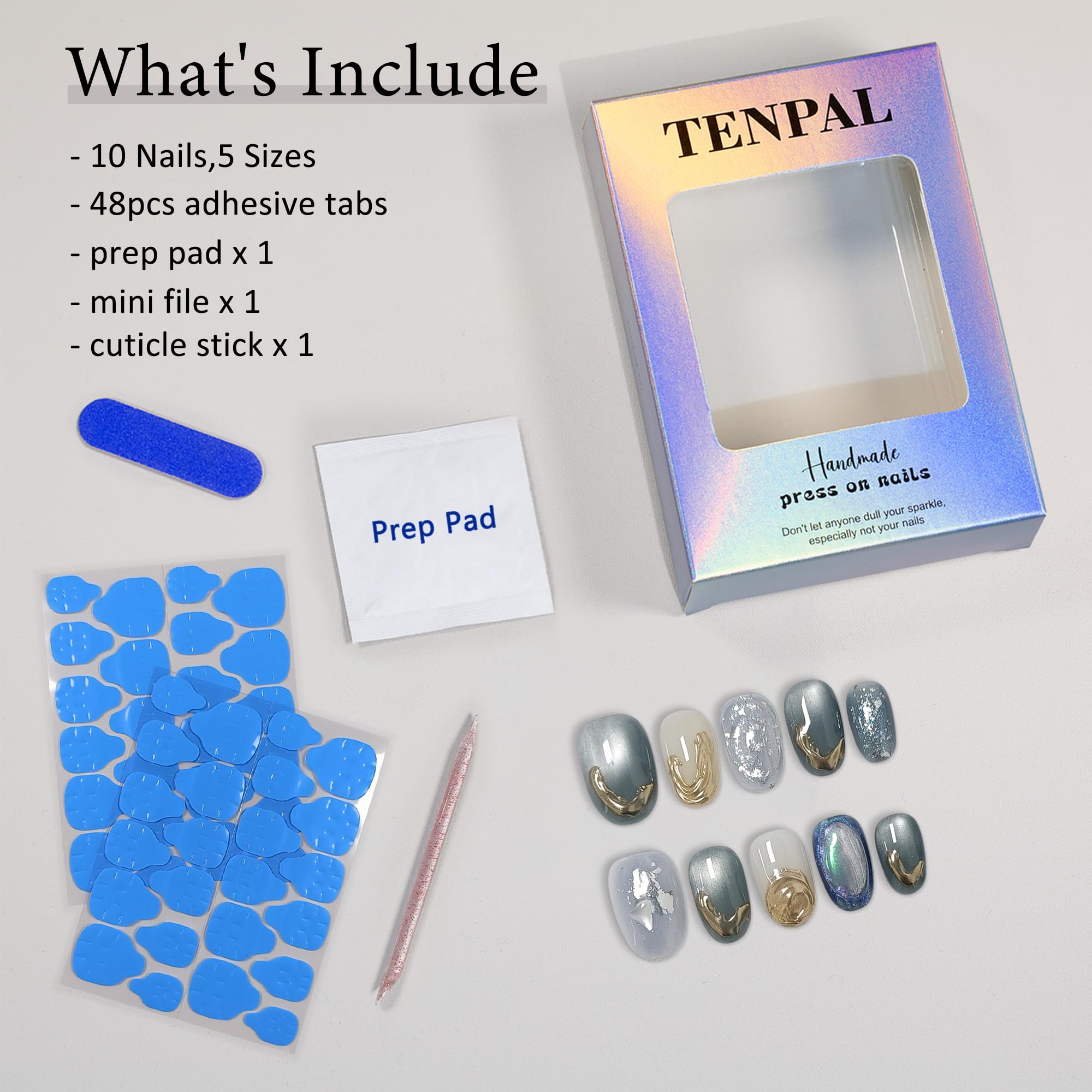 TENPAL Jade Cat Eye Glossy Press-On Nails Kit - Short Oval, Light Green Acrylic with Tools (XS)