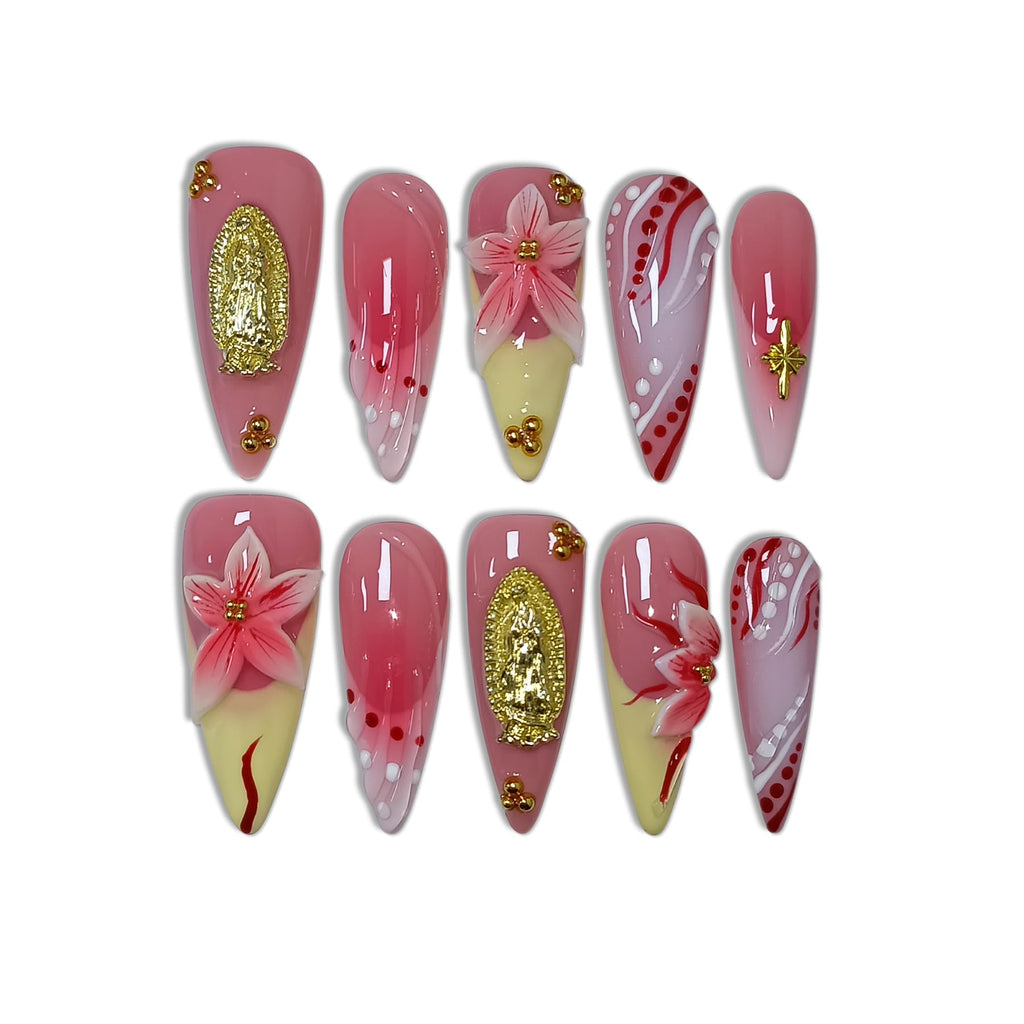 TENPAL Handmade Press-On Nails Long Stiletto – Vivid Red 3D Floral Blush Ombre | Glossy, Reusable