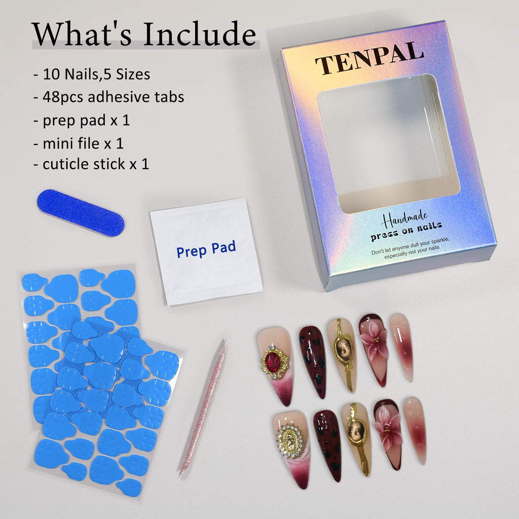 TENPAL Handmade Press On Nails – Burgundy Cat Eye, 3D Leopard, Long Stiletto