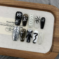 TENPAL Dark Silver Gothic Press On Nails – Long Coffin Shape, 3D Embossed Sun Design, Hand-Painted Art
