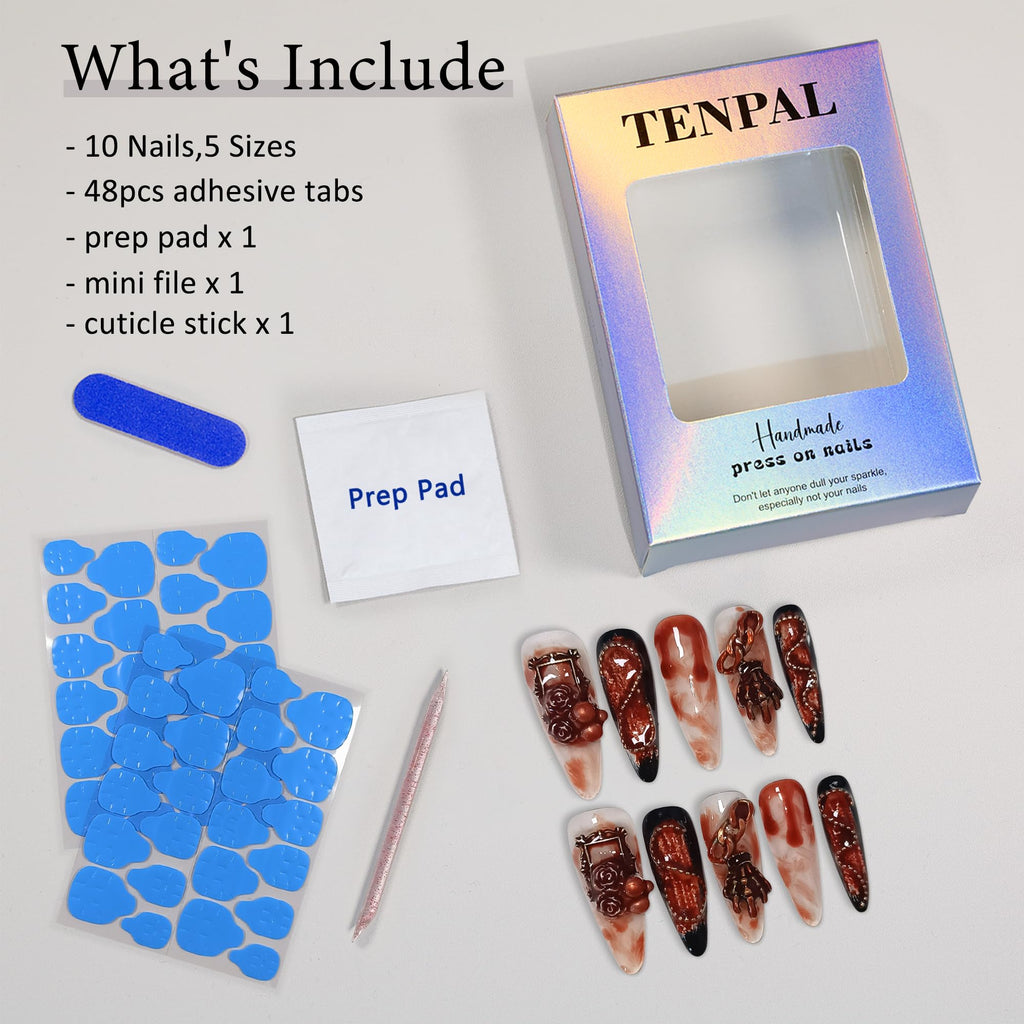 TENPAL 10Pcs Gothic Press On Nails with Tools – Blood Stain Black Red Long Stiletto & 3D Roses Skull Art
