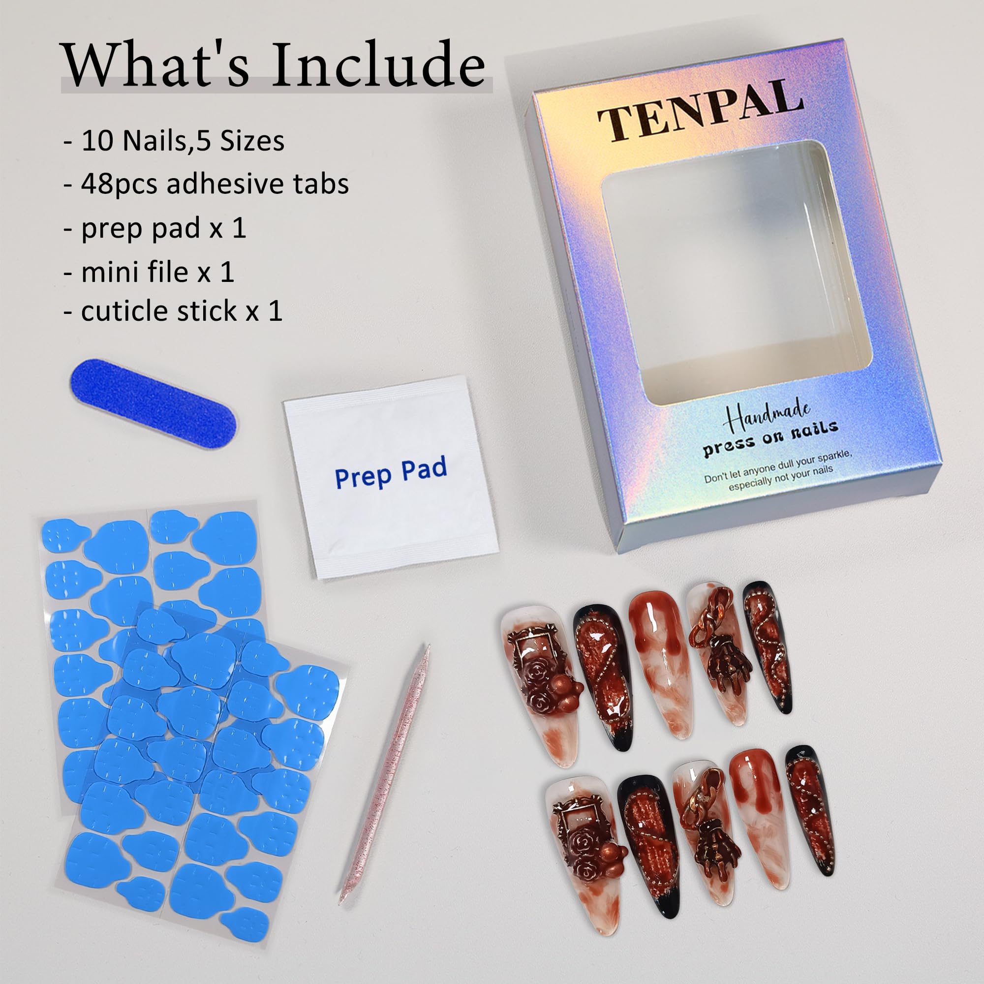 TENPAL 10Pcs Gothic Press On Nails with Tools – Blood Stain Black Red Long Stiletto & 3D Roses Skull Art