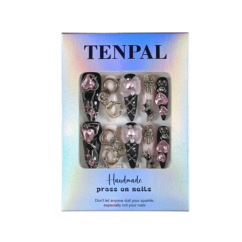 TENPAL 10Pcs Y2K Press On Nails with Tools – Handcuff Star Skull 3D Charms, Long Stiletto Glitter