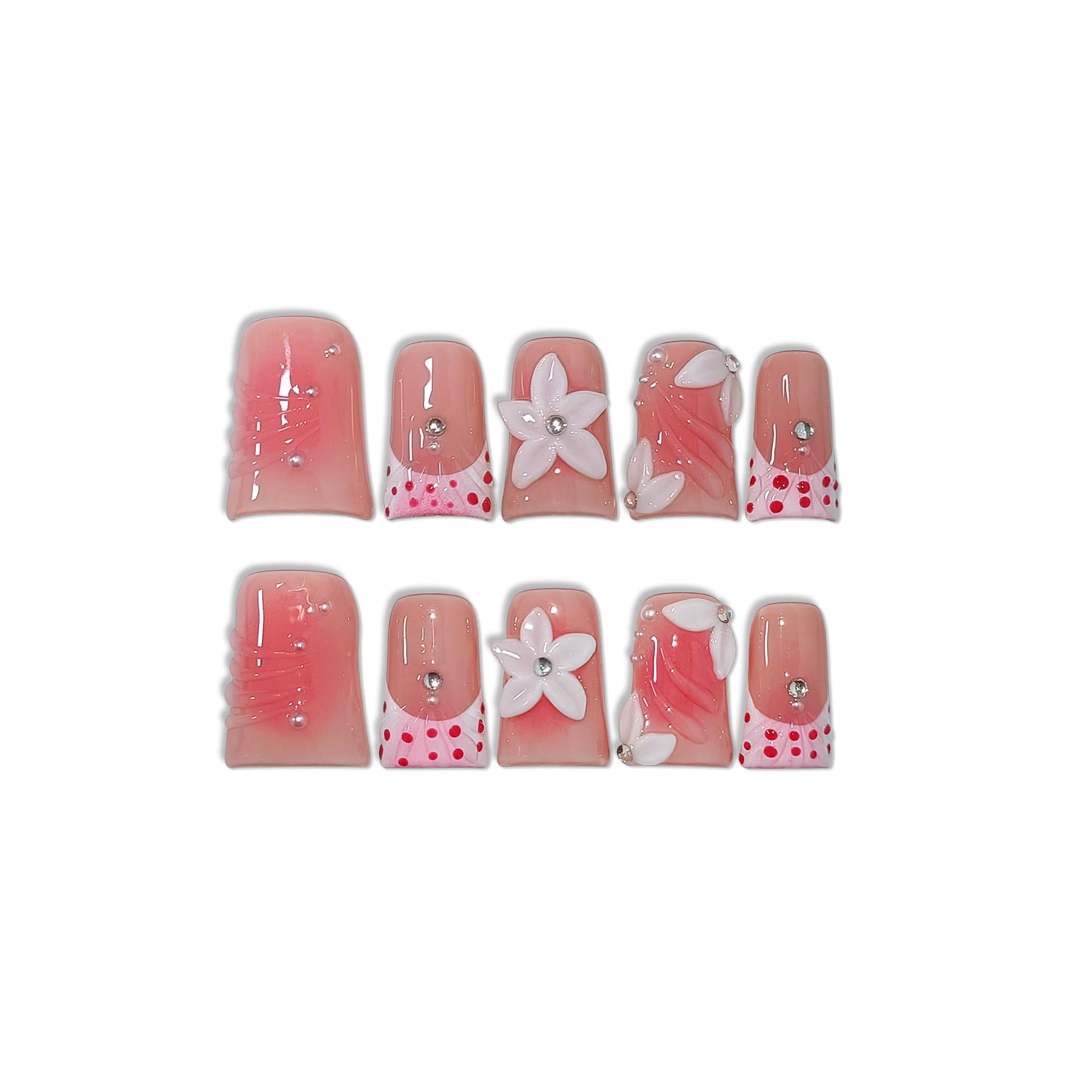 TENPAL 10Pcs Handmade Duck Nails Press On – Dopamine Coral & Blush French Tips, 3D Florals, Reusable Medium Length