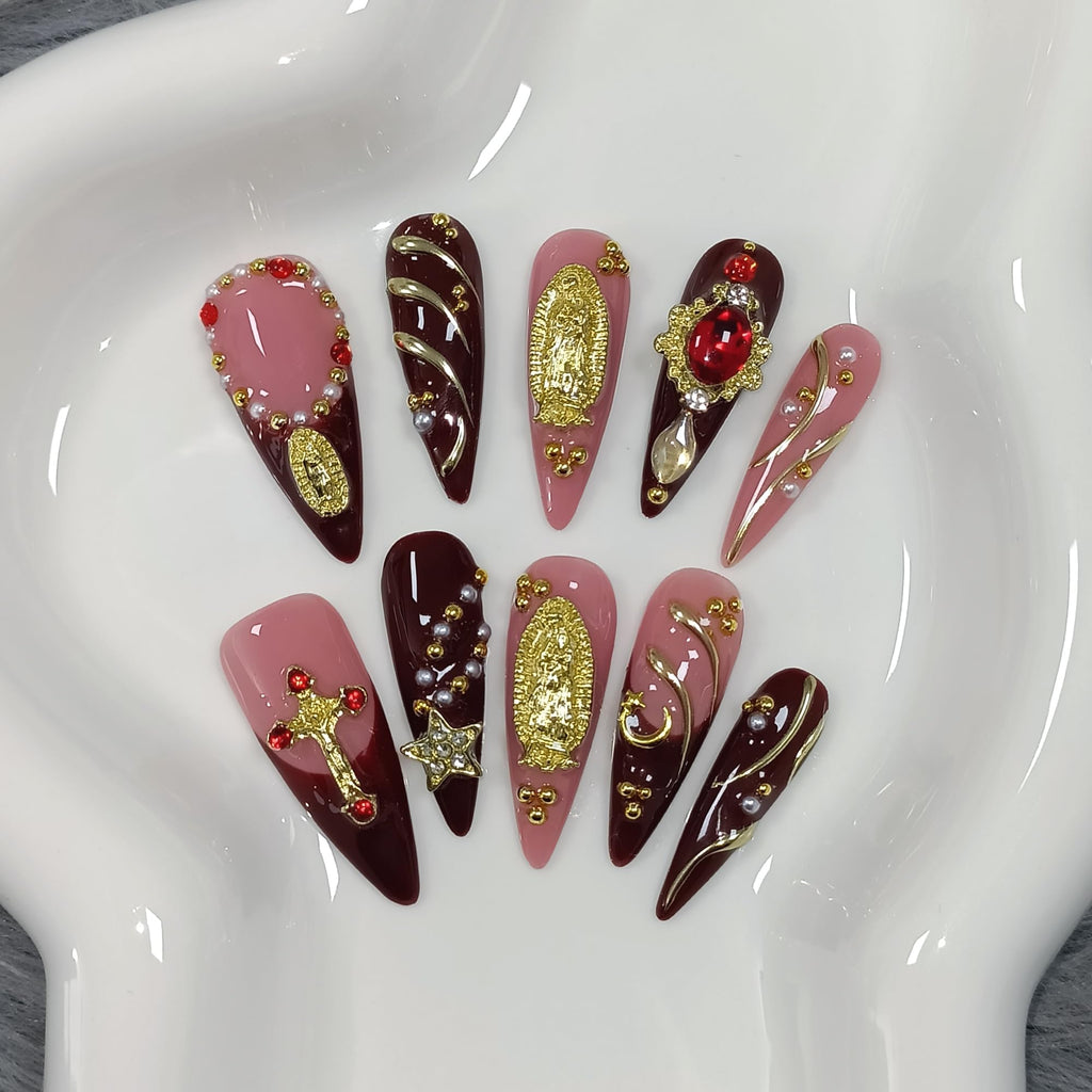 TENPAL Handmade Press On Nails Long Stiletto – Nude Pink Wine Cross Design | Chapelcore Y2K Nails