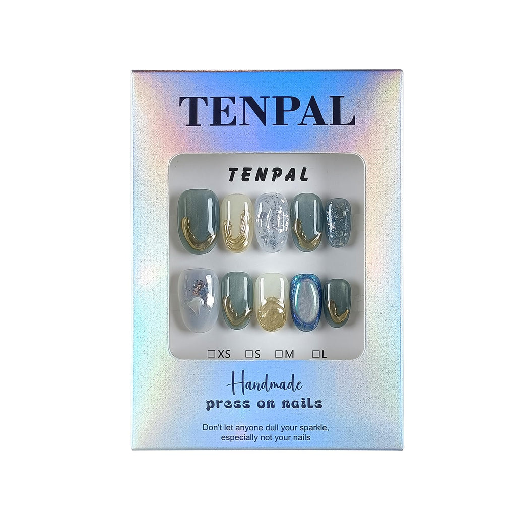 TENPAL Jade Cat Eye Glossy Press-On Nails Kit - Short Oval, Light Green Acrylic with Tools (XS)