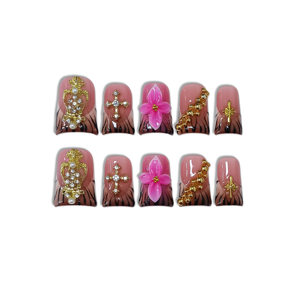 TENPAL Handmade Duckbill Press-On Nails – Zebra Print & Pink Floral with 3D Cross Studs