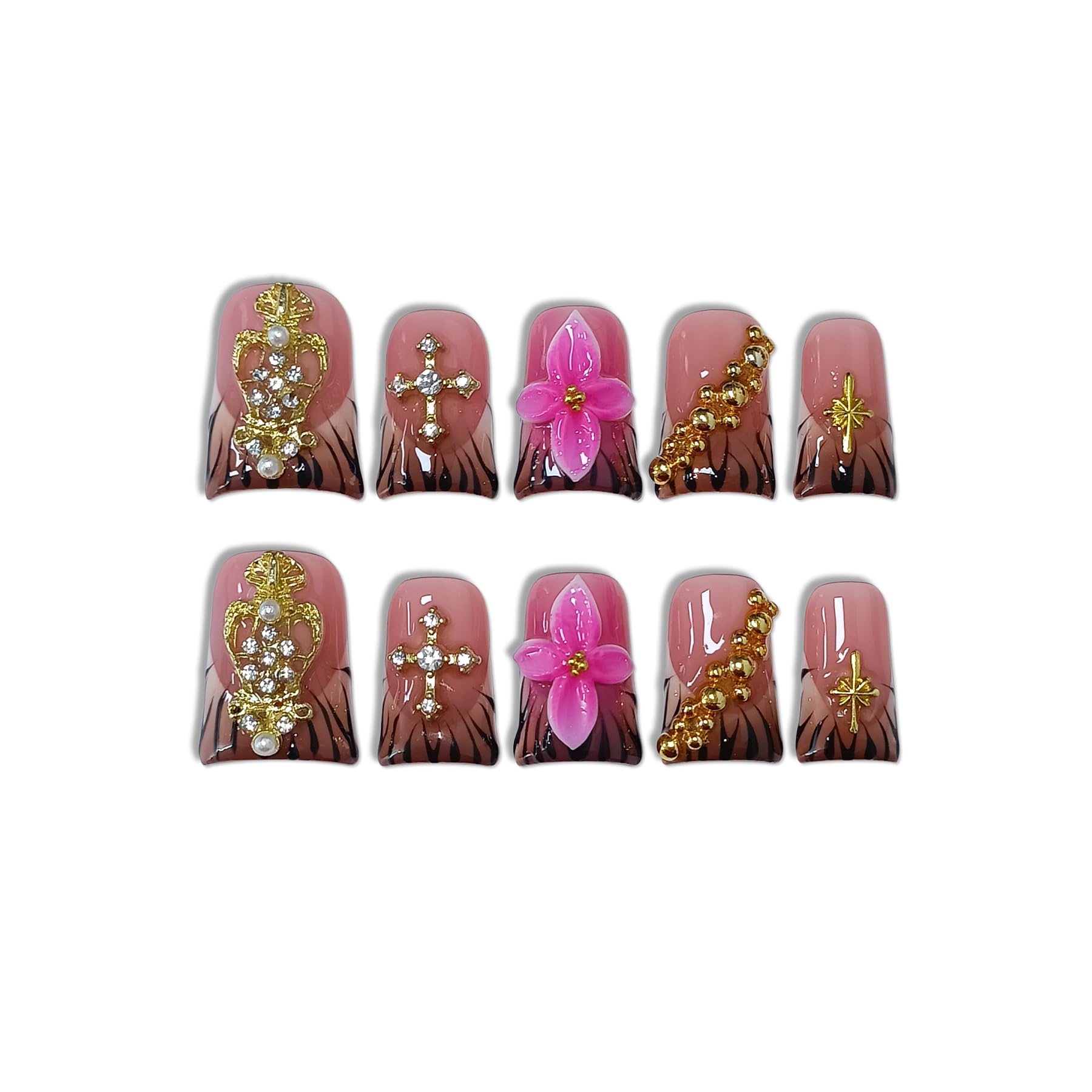 TENPAL Handmade Duckbill Press-On Nails – Zebra Print & Pink Floral with 3D Cross Studs