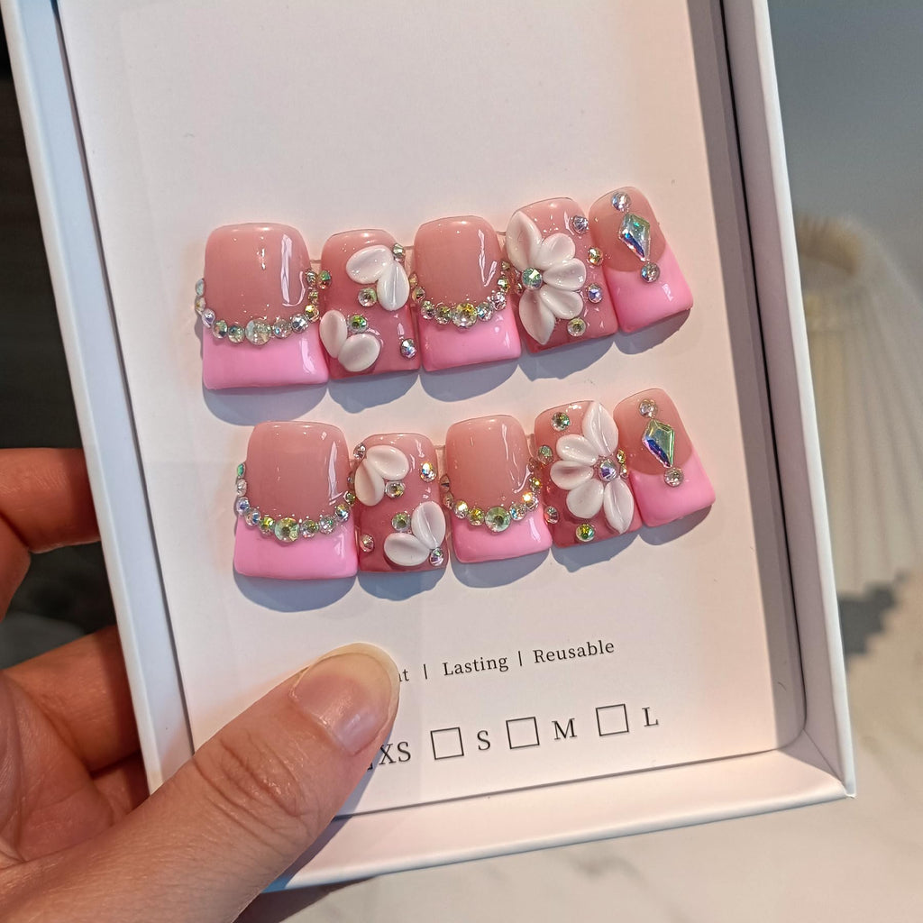 TENPAL Duckbill Shape Handmade Press On Nails Kit | Pink French Floral with 3D Flowers
