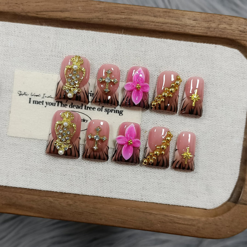 TENPAL Handmade Duckbill Press-On Nails – Zebra Print & Pink Floral with 3D Cross Studs
