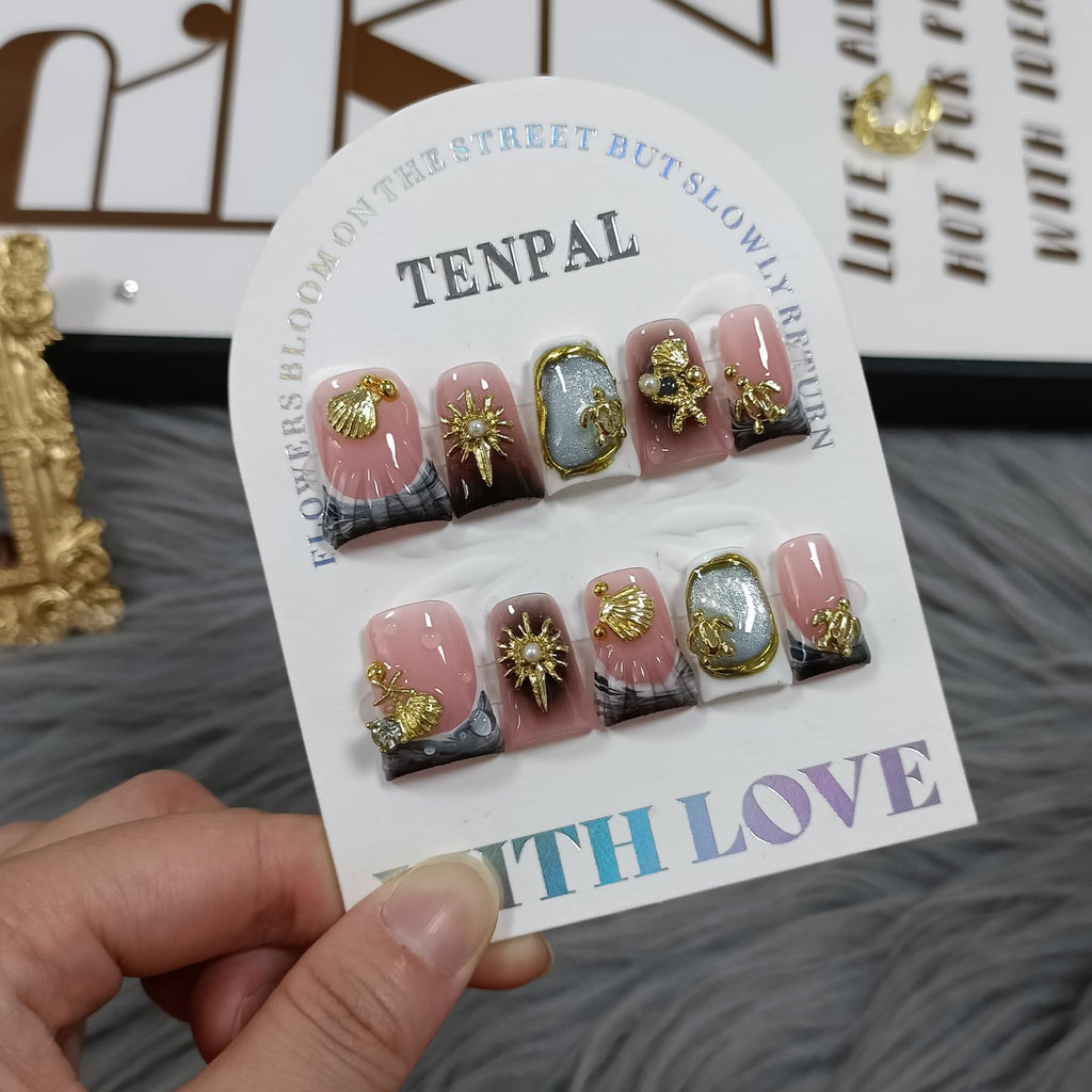 TENPAL Duckbill Press On Nails – Cat Eye Ocean Metal Design, 10-Piece Glitter Nails