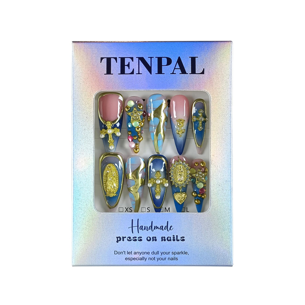 TENPAL 10Pcs Handmade Gothic Press On Nails with Tools – Purple-Blue Snake Ombre Long Stiletto