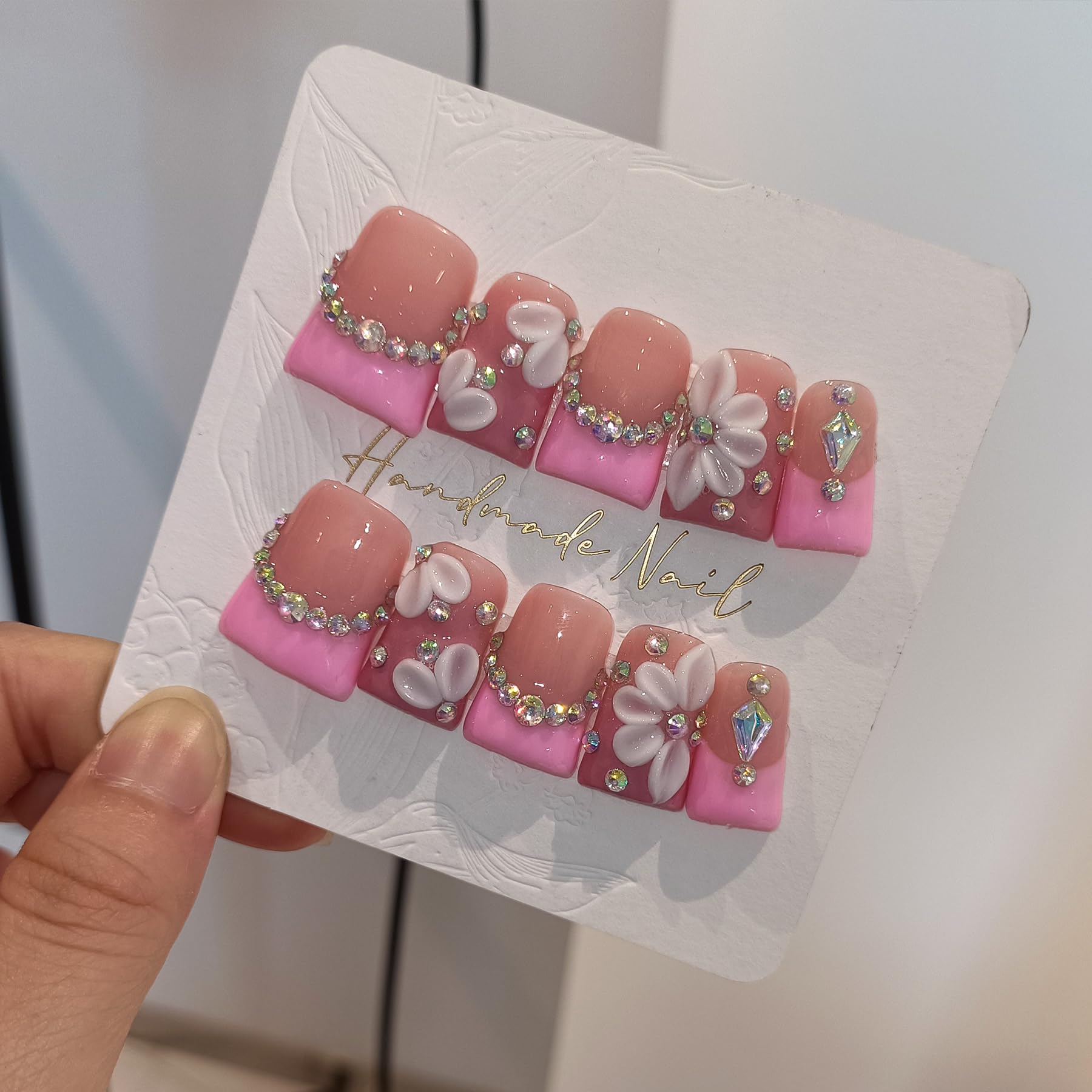 TENPAL Duckbill Shape Handmade Press On Nails Kit | Pink French Floral with 3D Flowers