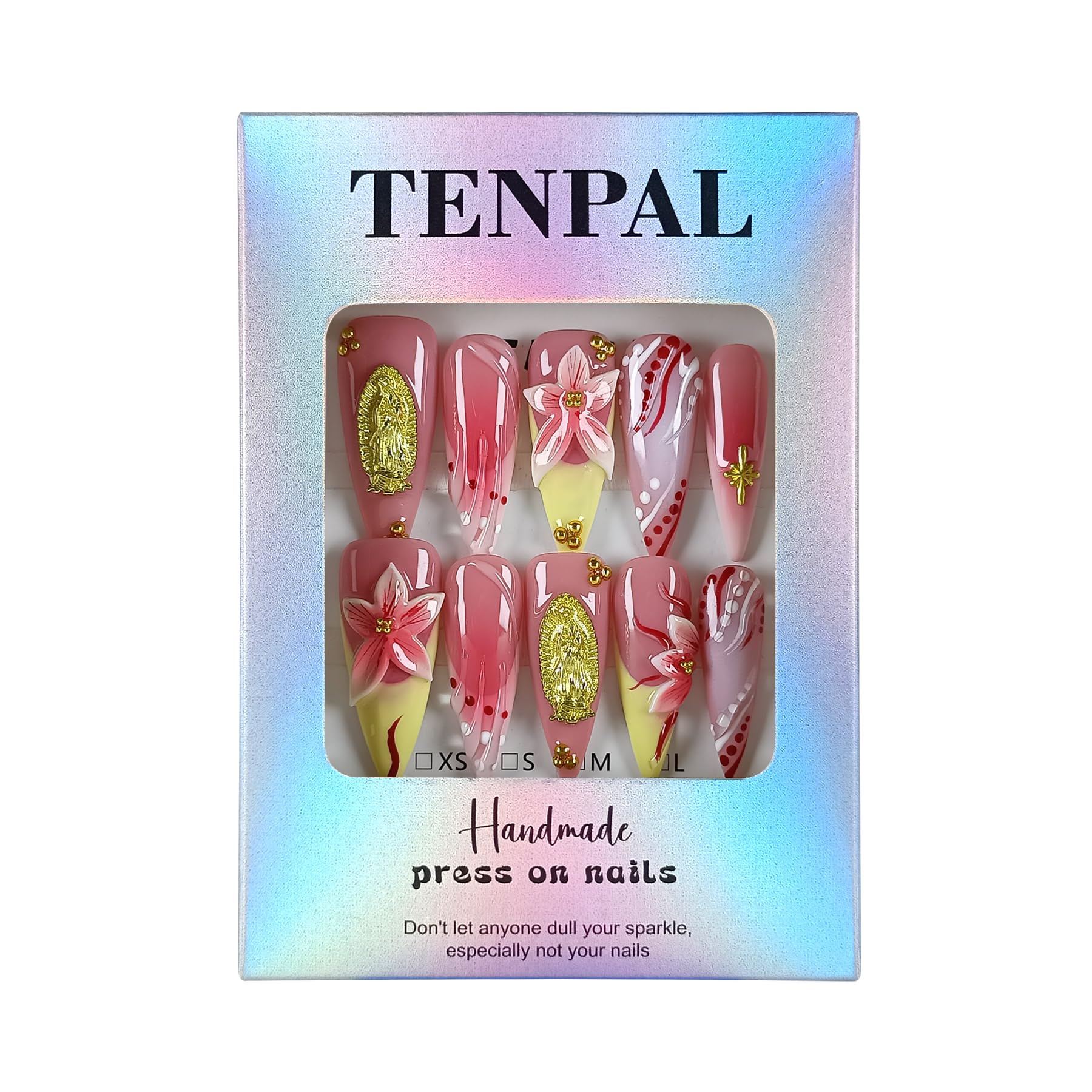 TENPAL Handmade Press-On Nails Long Stiletto – Vivid Red 3D Floral Blush Ombre | Glossy, Reusable