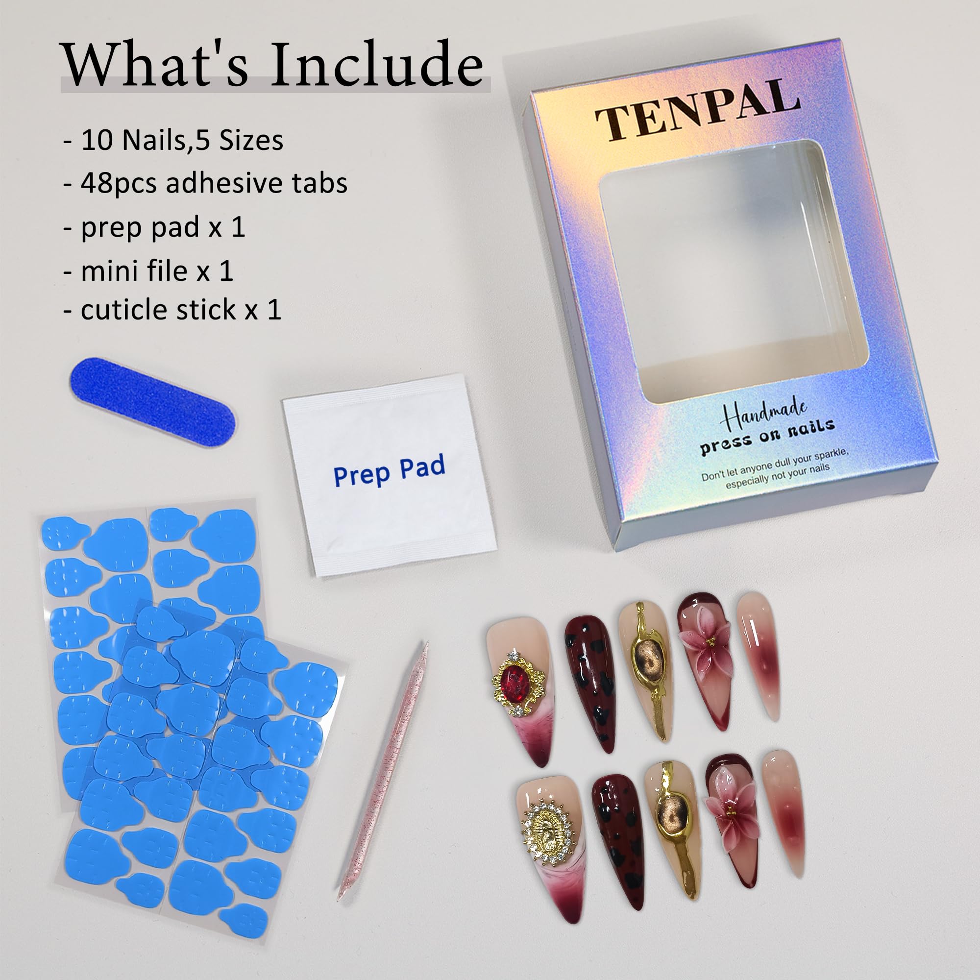 TENPAL Handmade Press-On Nails – Long Stiletto Burgundy Cat Eye 3D Leopard