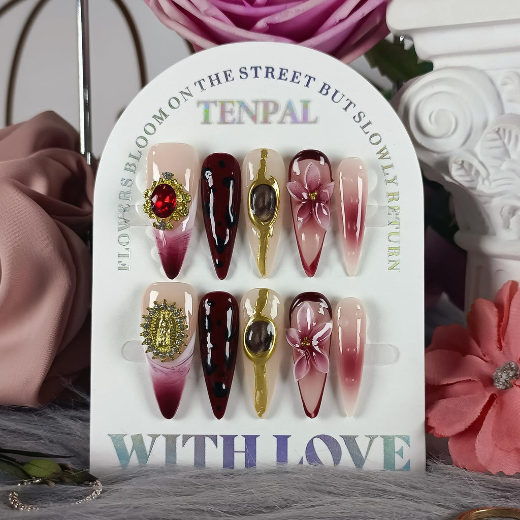 TENPAL Handmade Press-On Nails – Long Stiletto Burgundy Cat Eye 3D Leopard