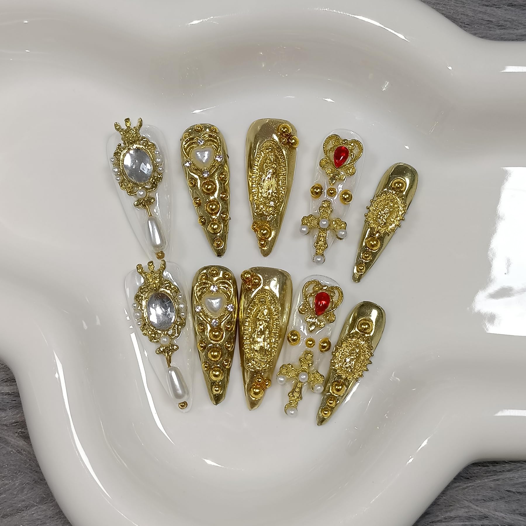 TENPAL 10Pcs Handmade Royal Press On Nails – Gold Stiletto with Pearl & Celestial Charms + Tools