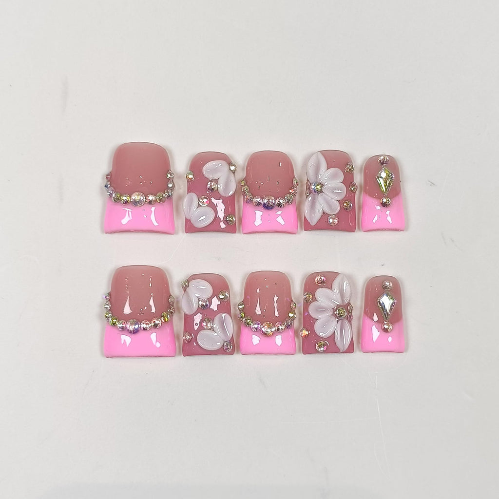 TENPAL Duckbill Shape Handmade Press On Nails Kit | Pink French Floral with 3D Flowers