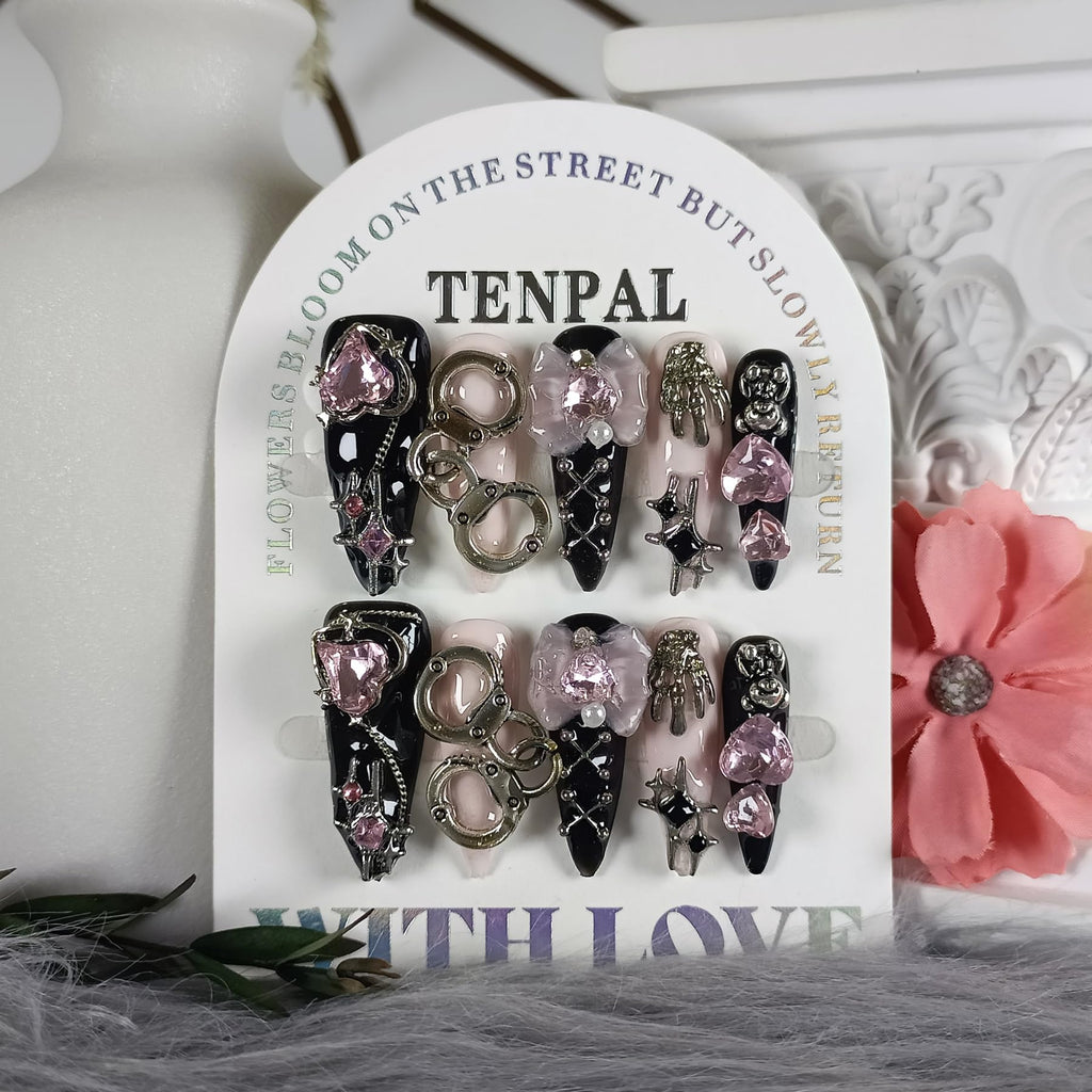TENPAL 10Pcs Y2K Press On Nails with Tools – Handcuff Star Skull 3D Charms, Long Stiletto Glitter