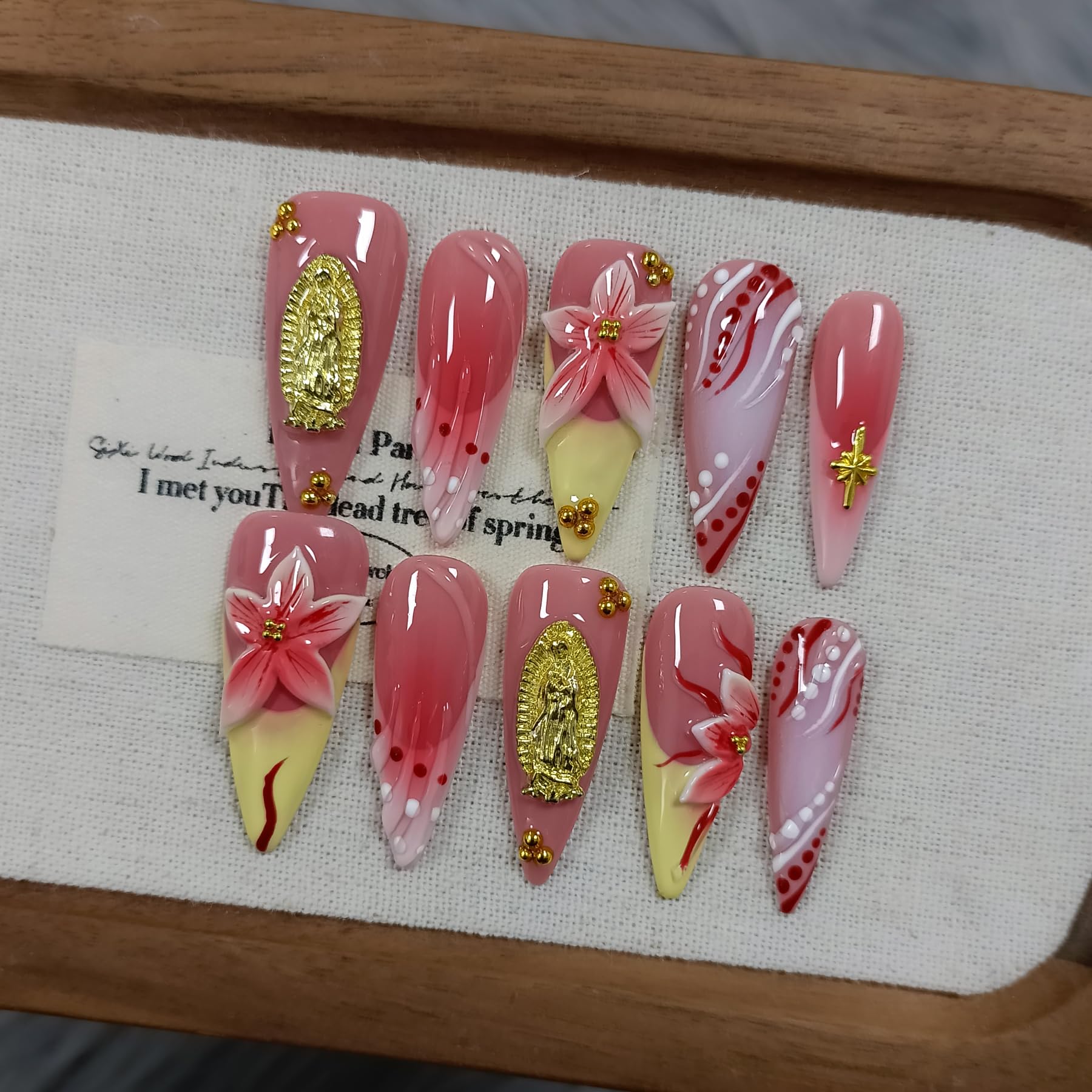 TENPAL Handmade Press-On Nails Long Stiletto – Vivid Red 3D Floral Blush Ombre | Glossy, Reusable