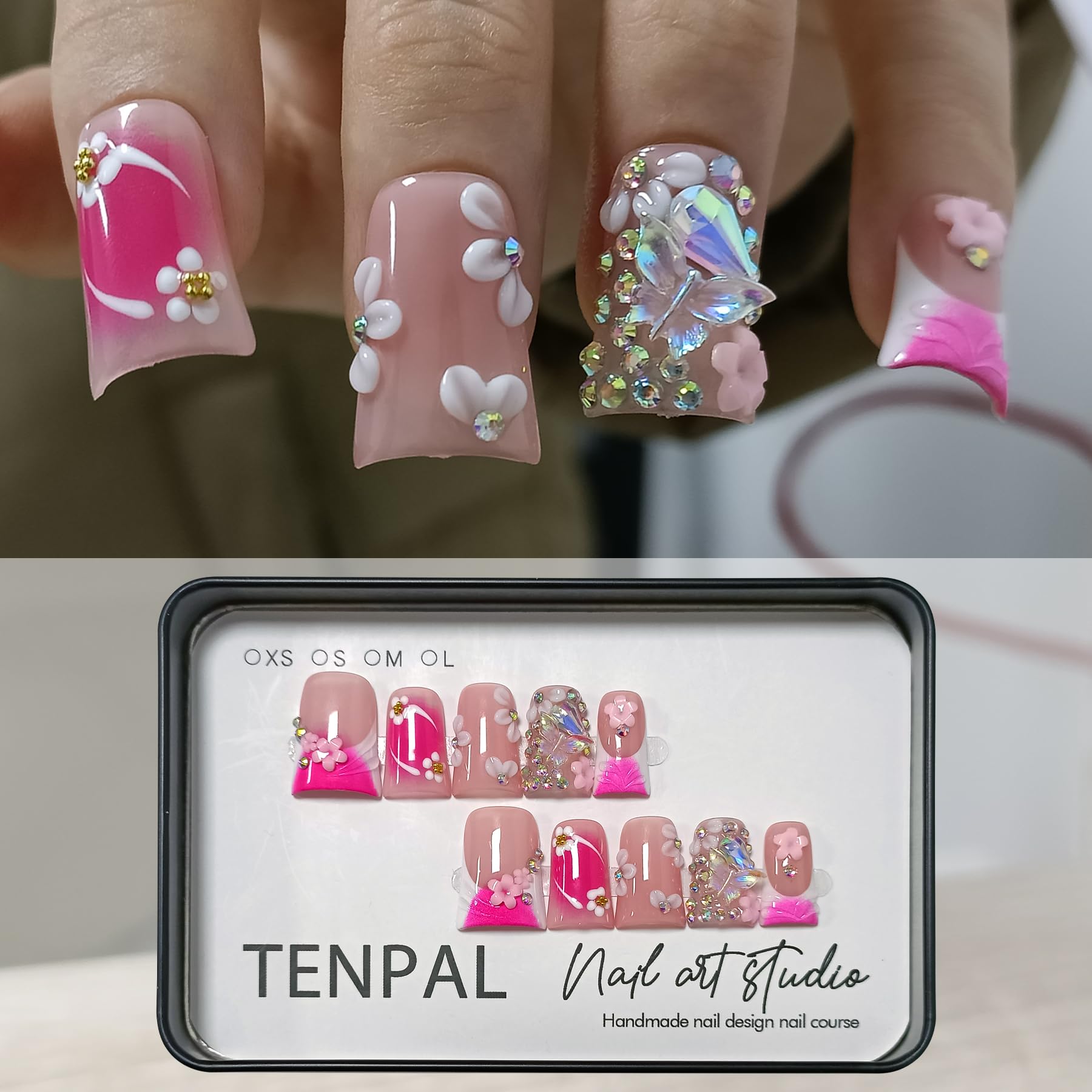 TENPAL 10Pcs Handmade Press-On Duck Nails with Charms – Glossy Pink French Tips